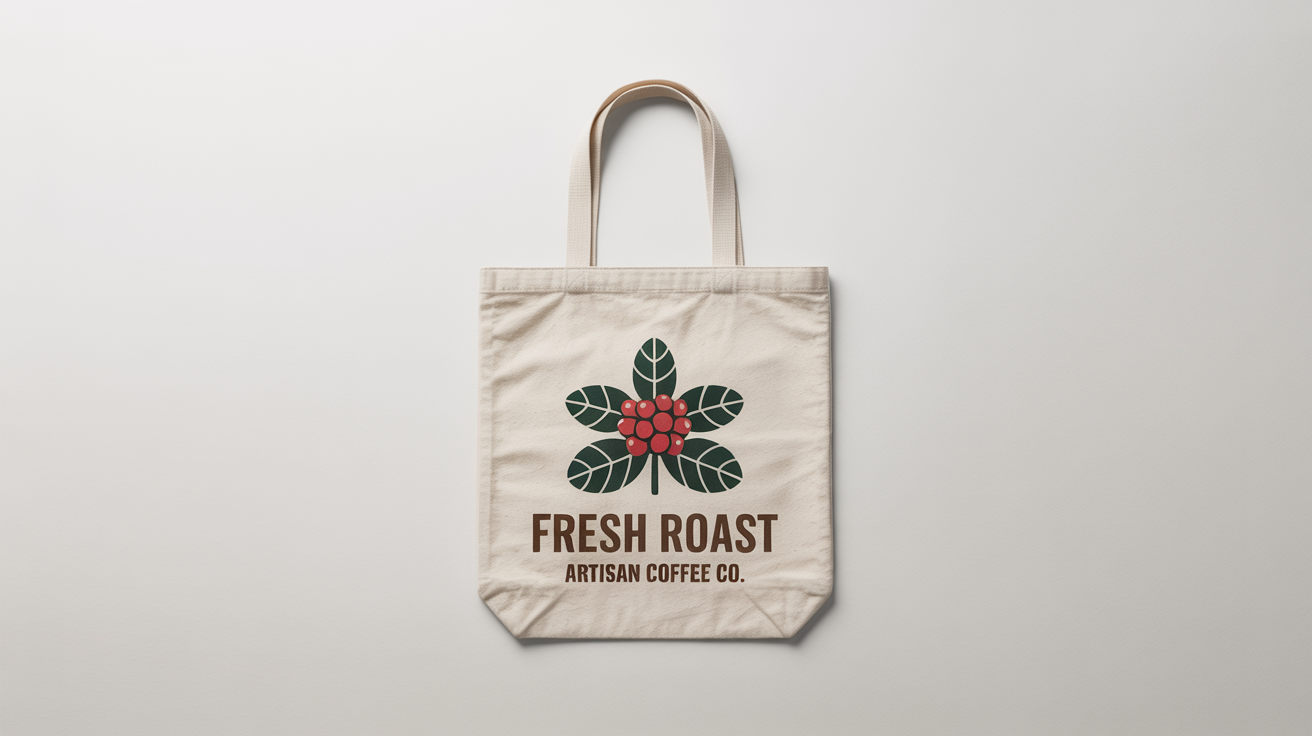 A studio product shot of a canvas tote bag on a white background, featuring a graphic of a coffee plant and the words 'FRESH ROAST' and 'Artisan Coffee Co.' printed on it.