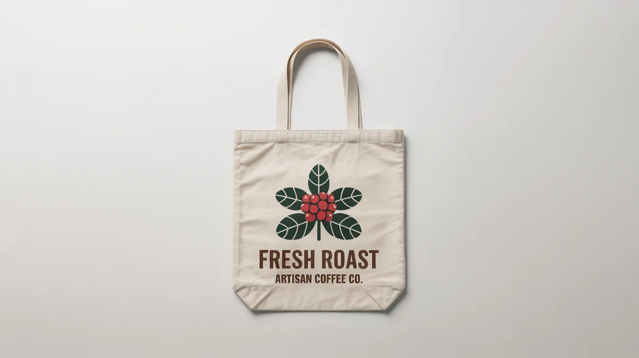 A studio product shot of a canvas tote bag on a white background, featuring a graphic of a coffee plant and the words 'FRESH ROAST' and 'Artisan Coffee Co.' printed on it.