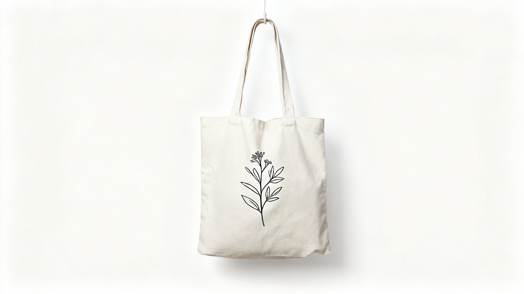 A photorealistic mockup of a natural canvas tote bag with a minimalist black botanical line art design, displayed against a clean white background in a studio setting.