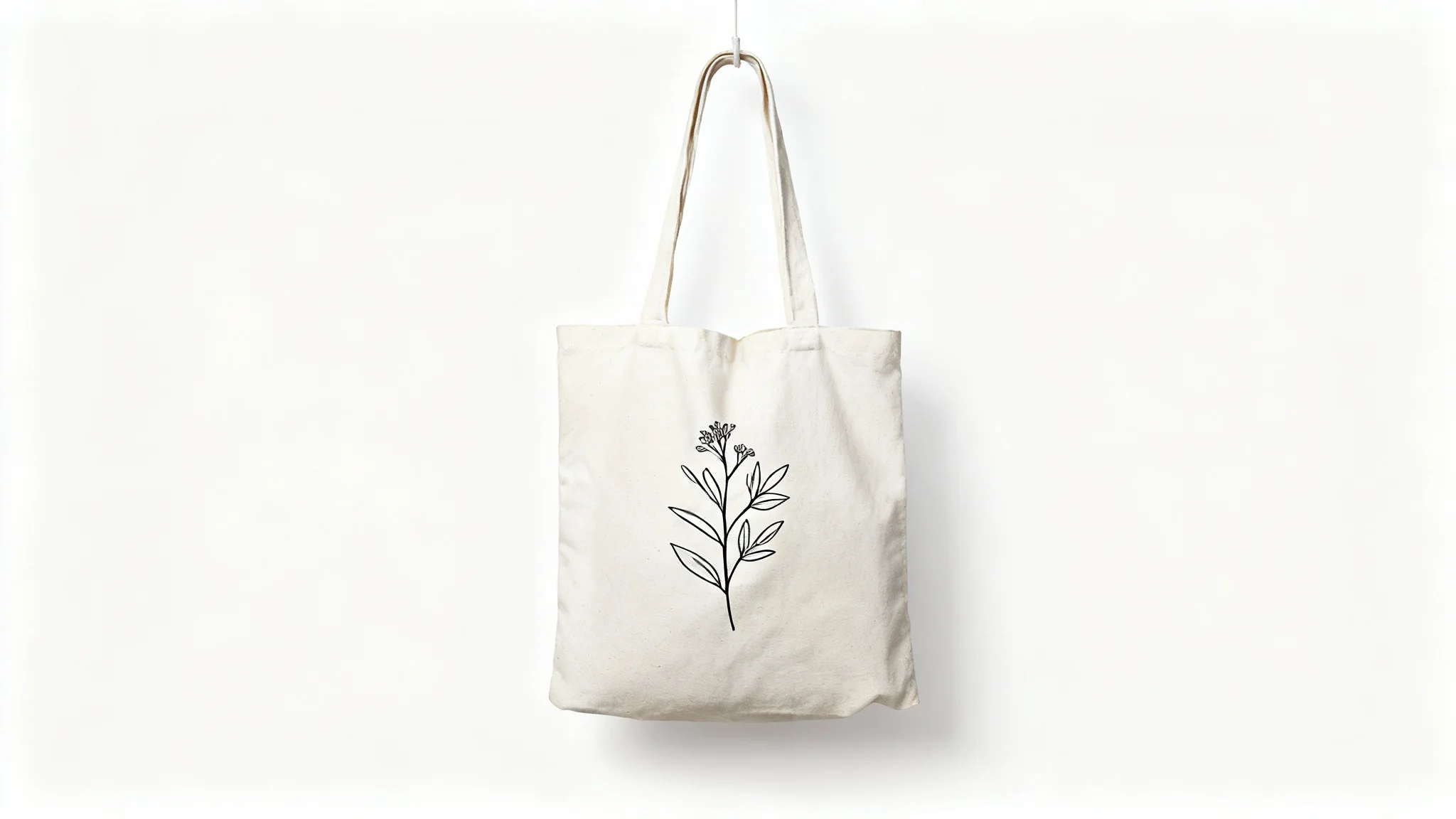 A photorealistic mockup of a natural canvas tote bag with a minimalist black botanical line art design, displayed against a clean white background in a studio setting.