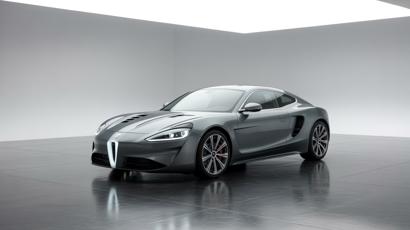 A hero image of a luxury sports car in a studio, split into two colors to demonstrate a paint visualizer: one side is metallic gray, the other is candy apple red.