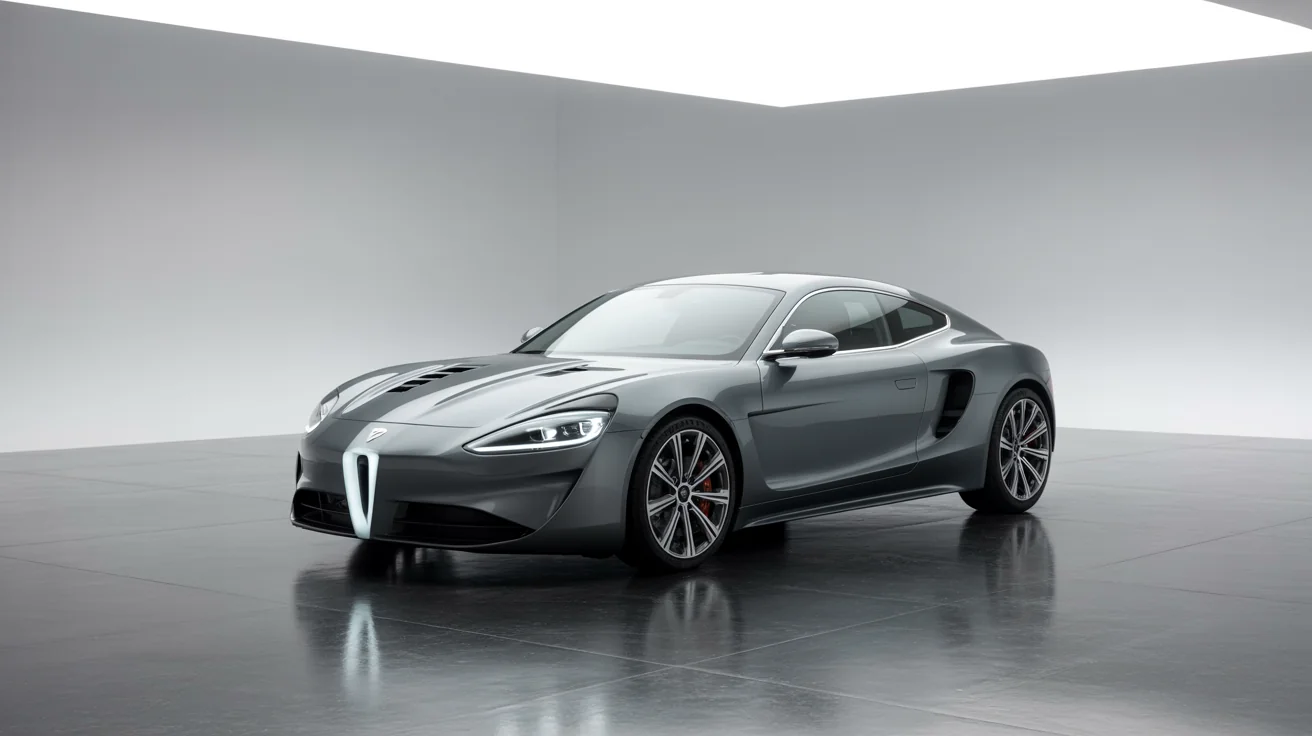 A hero image of a luxury sports car in a studio, split into two colors to demonstrate a paint visualizer: one side is metallic gray, the other is candy apple red.