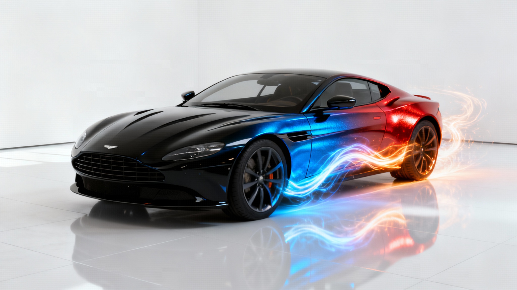 A photorealistic render of a modern sports car in a white studio, with its color dramatically changing from black to blue to red to showcase a car paint visualizer.