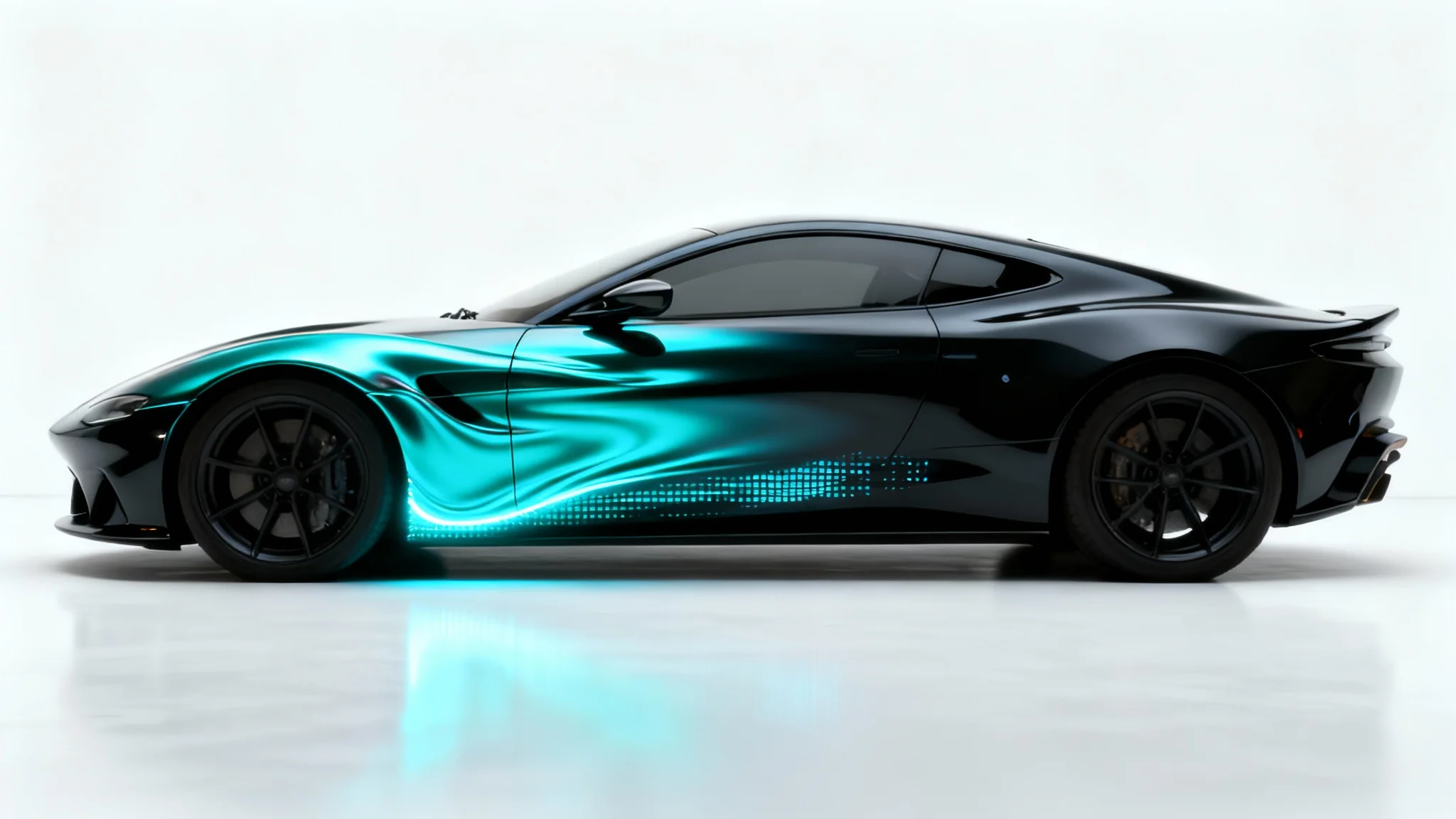 A sleek modern sports car on a white background, its color dramatically changing from black to a vibrant metallic cyan in a futuristic wave-like effect.