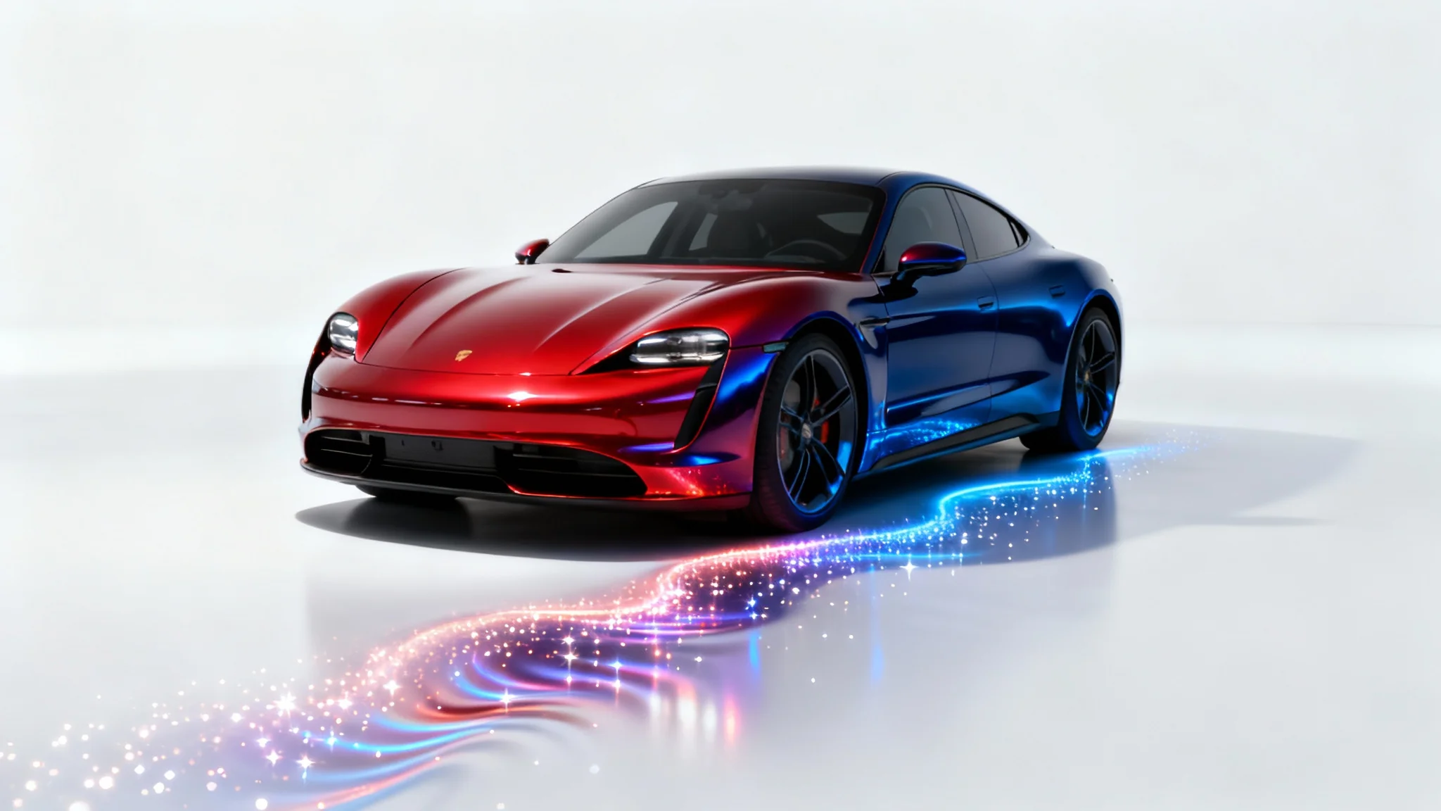 A photorealistic mockup of a car paint visualizer, showing a red sports car on a white background being transformed into a blue color by a wave of light.