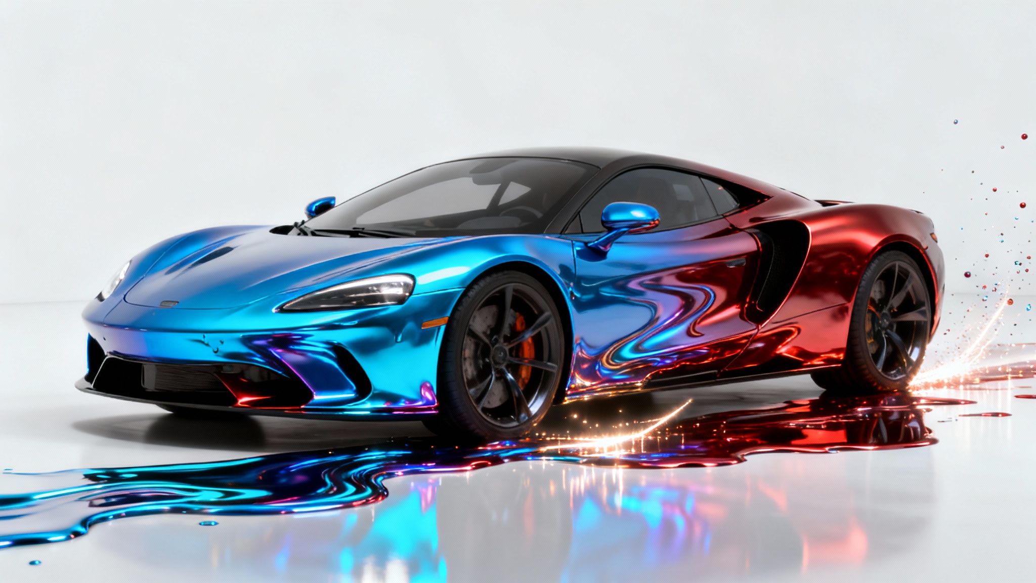 A photorealistic image of a modern sports car on a white background, with its paint color dynamically changing from blue to red to showcase a car paint visualizer concept.