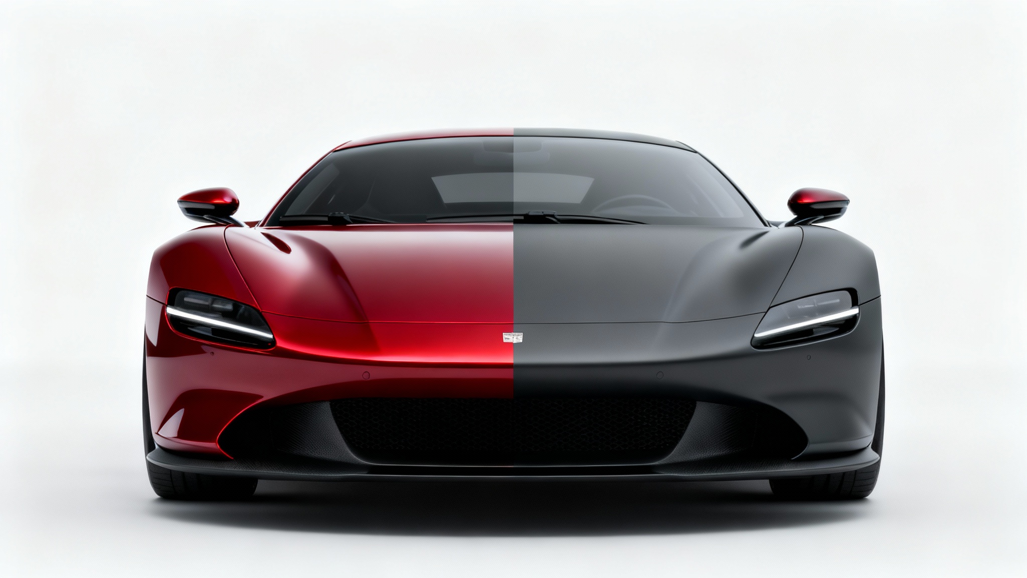 A modern sports car is shown from the front against a white background, illustrating a car paint visualizer. The left side of the car is painted glossy red, while the right side is matte charcoal gray.
