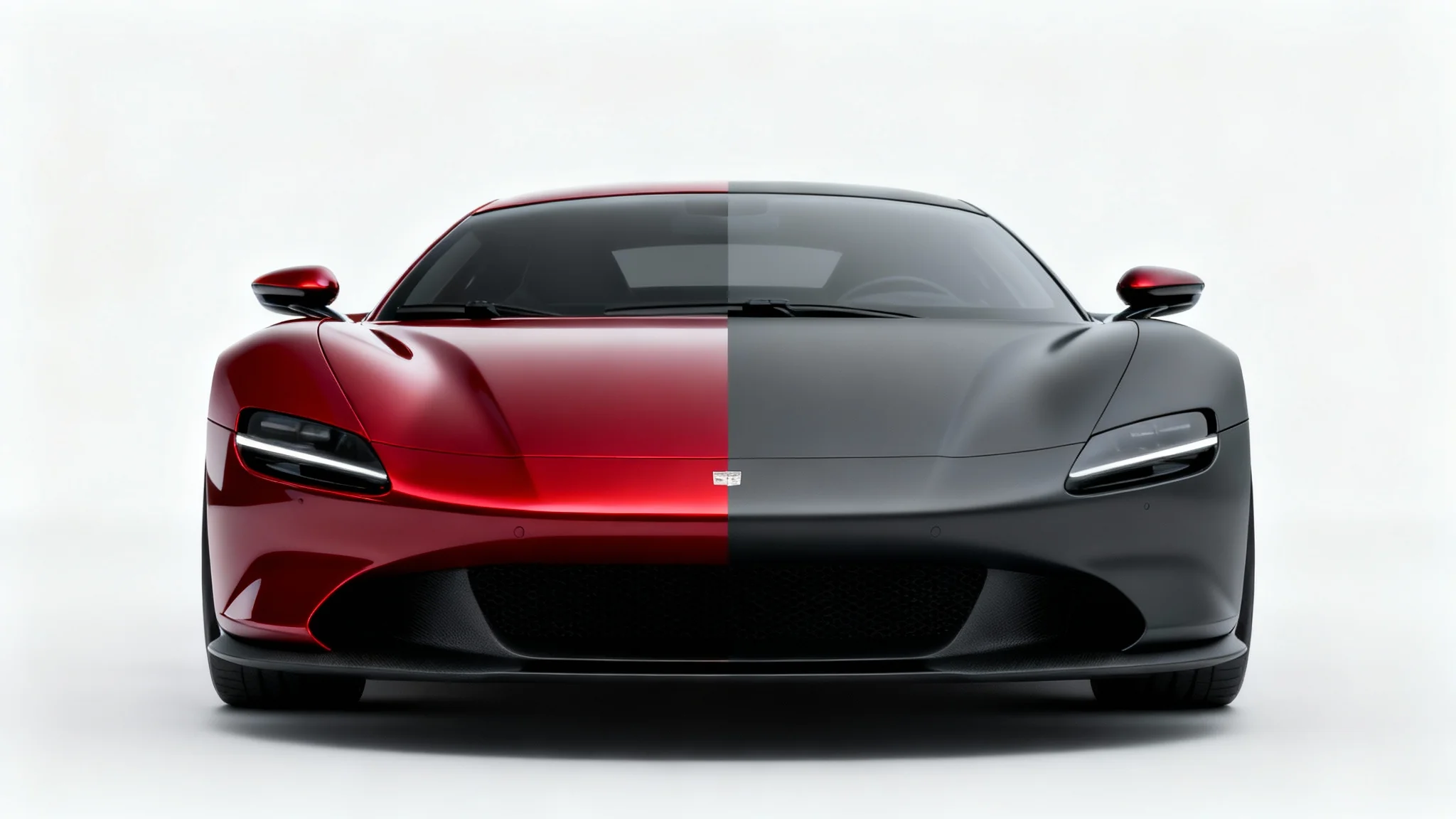 A modern sports car is shown from the front against a white background, illustrating a car paint visualizer. The left side of the car is painted glossy red, while the right side is matte charcoal gray.