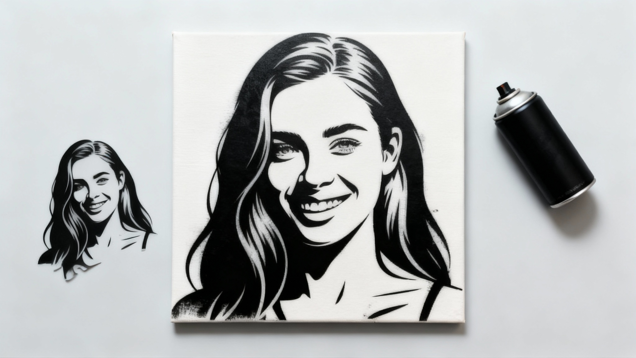 A flat lay photo of a finished stencil art project. A canvas displays a black stencil of a smiling woman, with the stencil cutout and a spray paint can beside it on a clean background.