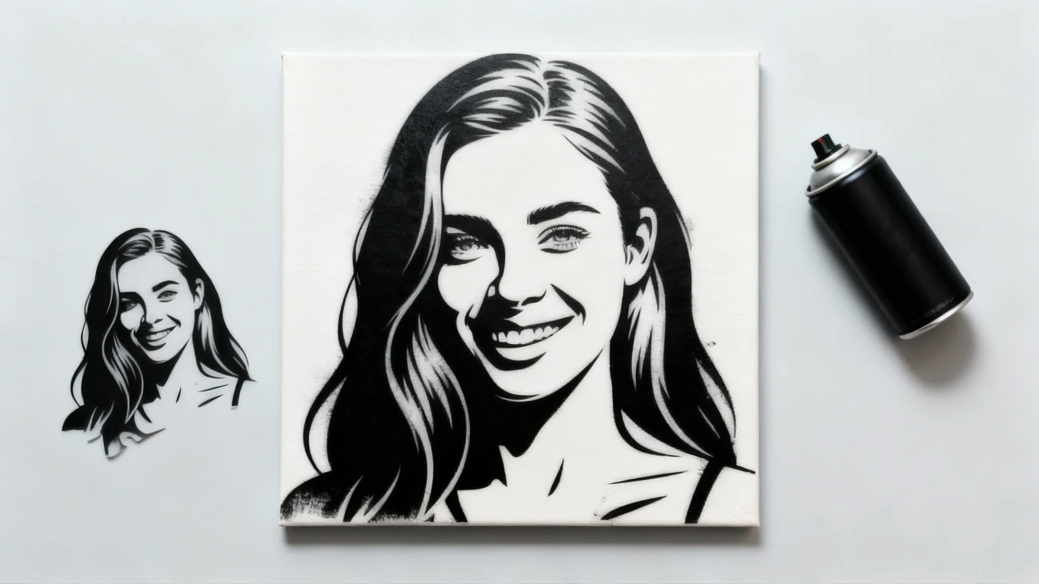 A flat lay photo of a finished stencil art project. A canvas displays a black stencil of a smiling woman, with the stencil cutout and a spray paint can beside it on a clean background.