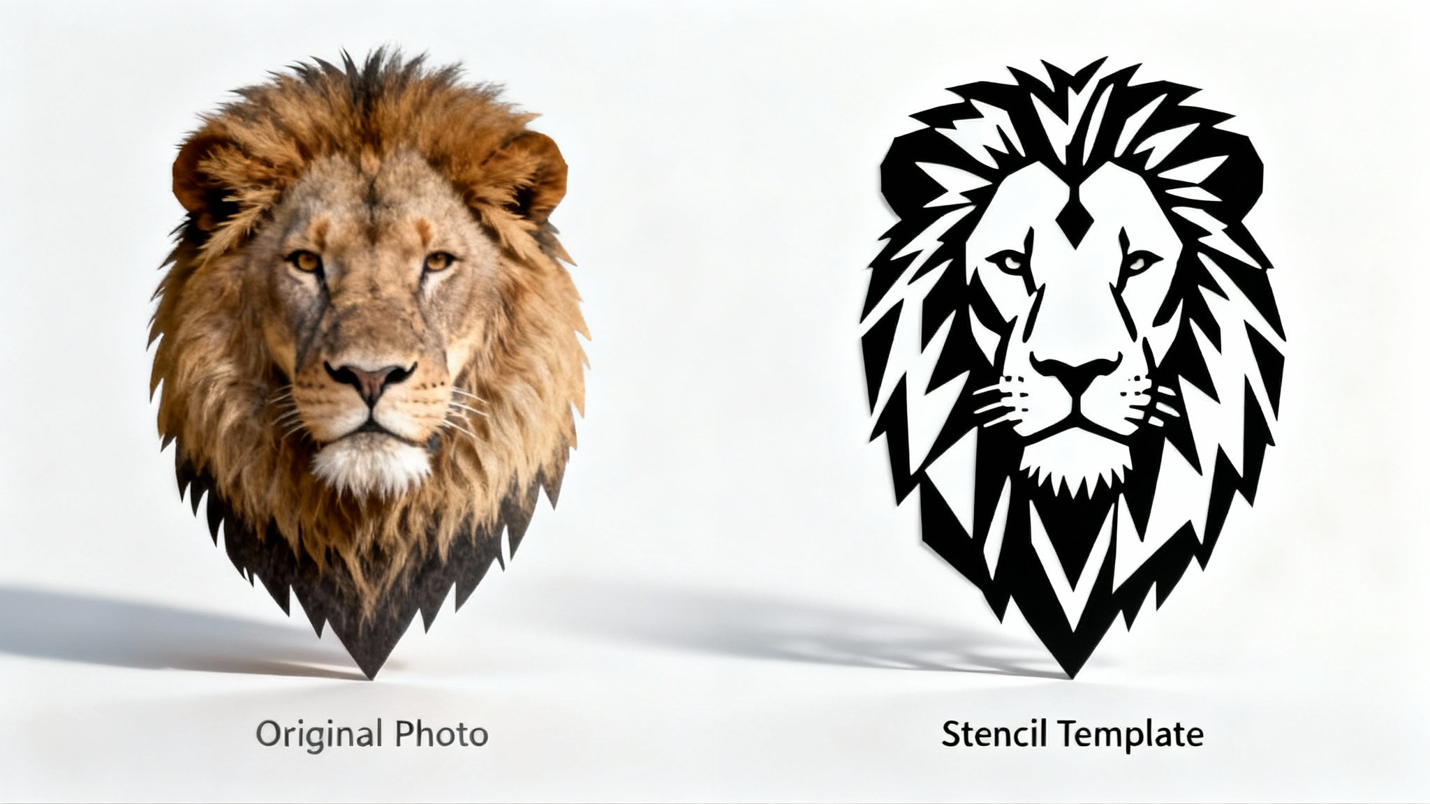 A side-by-side comparison showing a color photograph of a lion's head on the left and its transformation into a black and white stencil graphic on the right, against a plain white background.