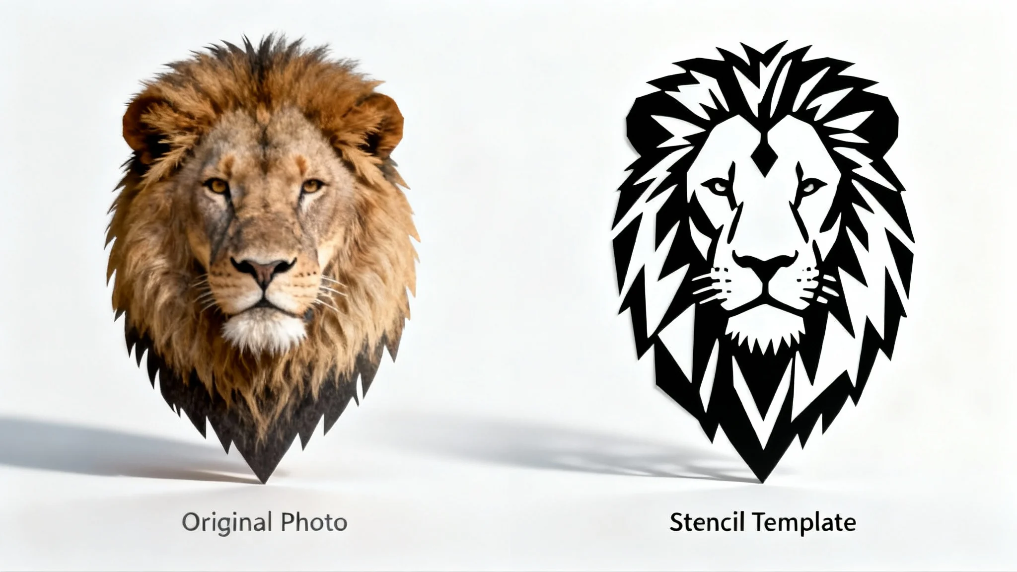 A side-by-side comparison showing a color photograph of a lion's head on the left and its transformation into a black and white stencil graphic on the right, against a plain white background.