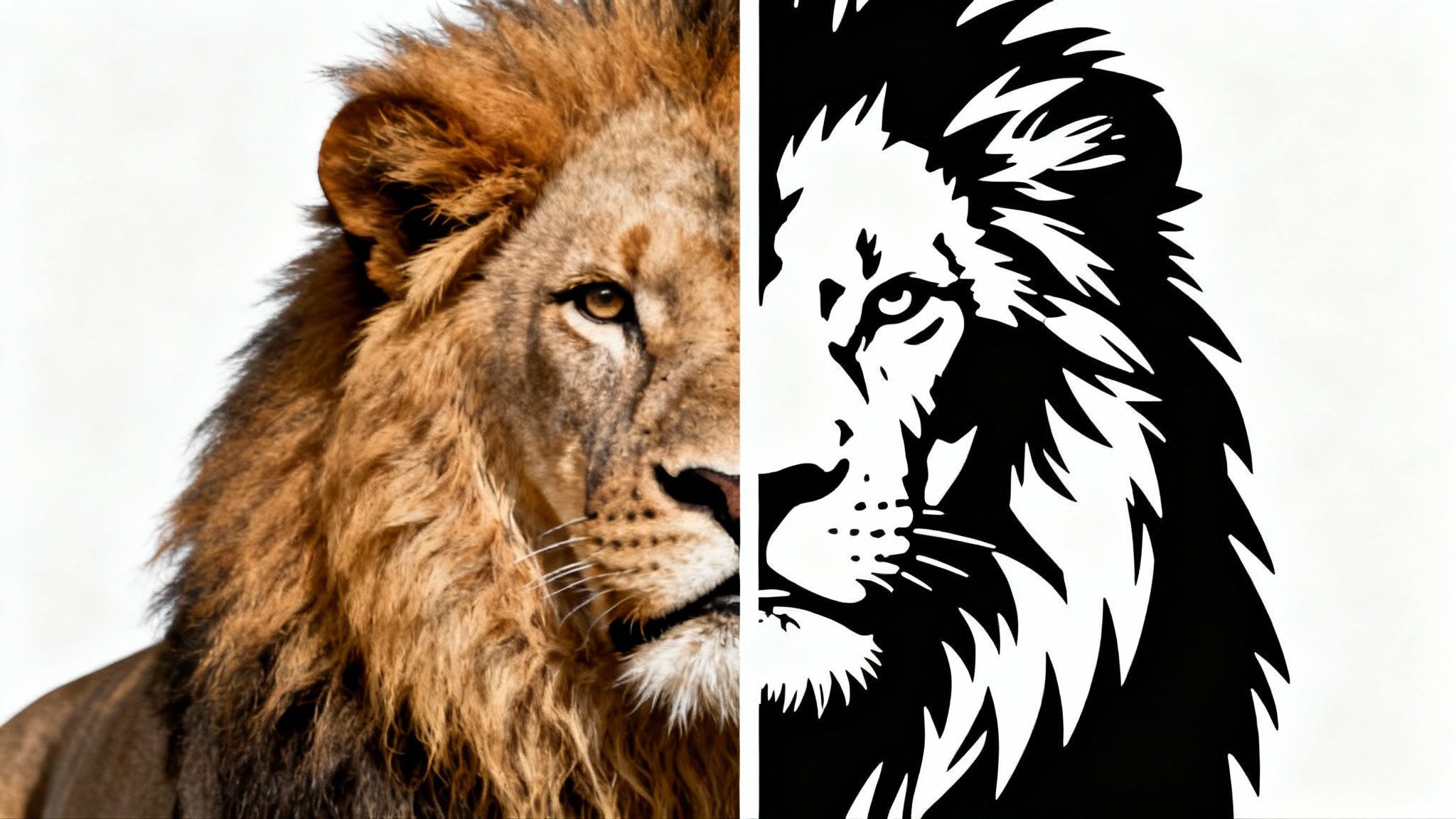 A before-and-after image demonstrating a color photograph of a lion's head being converted into a black and white stencil.