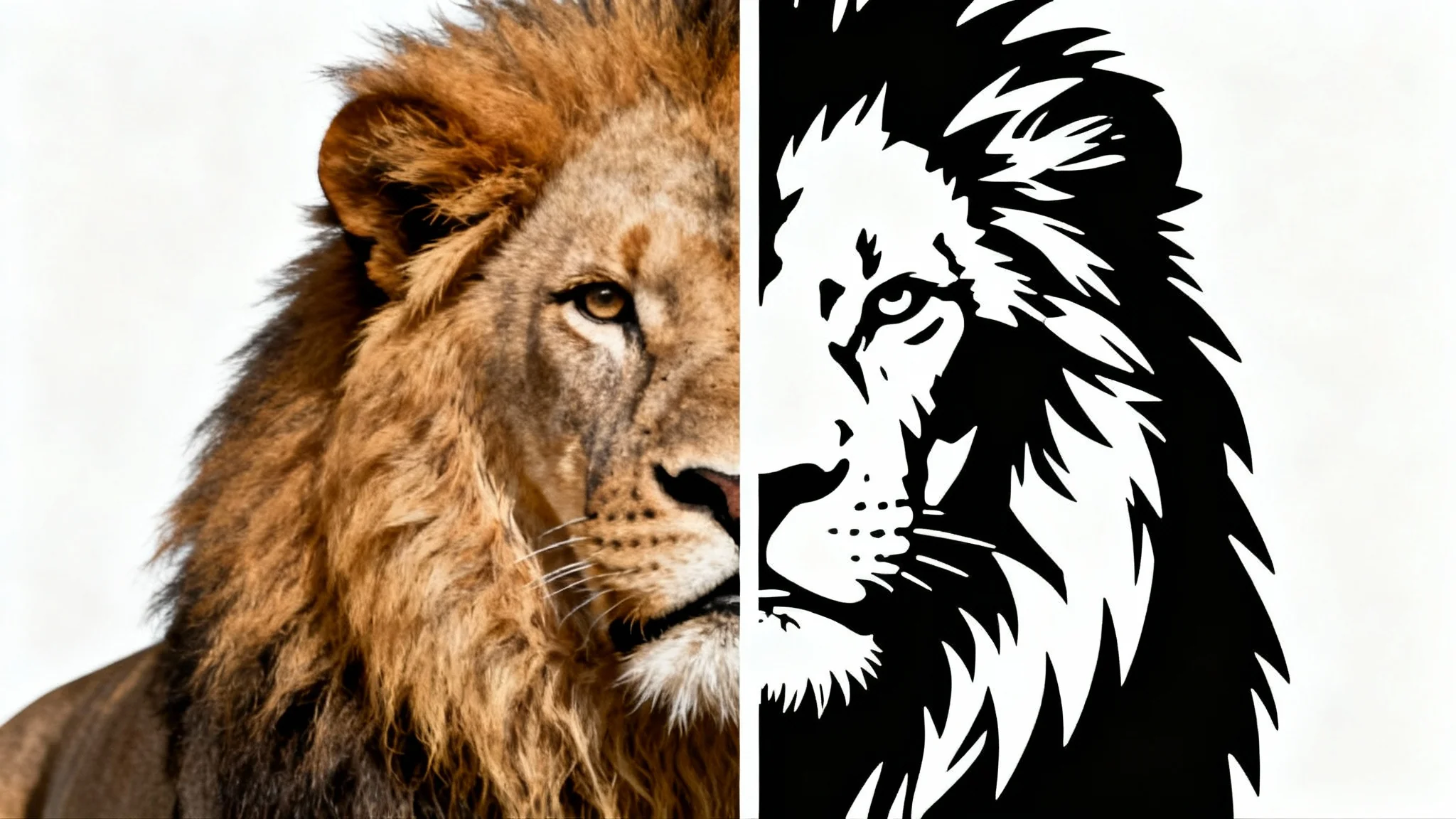 A before-and-after image demonstrating a color photograph of a lion's head being converted into a black and white stencil.