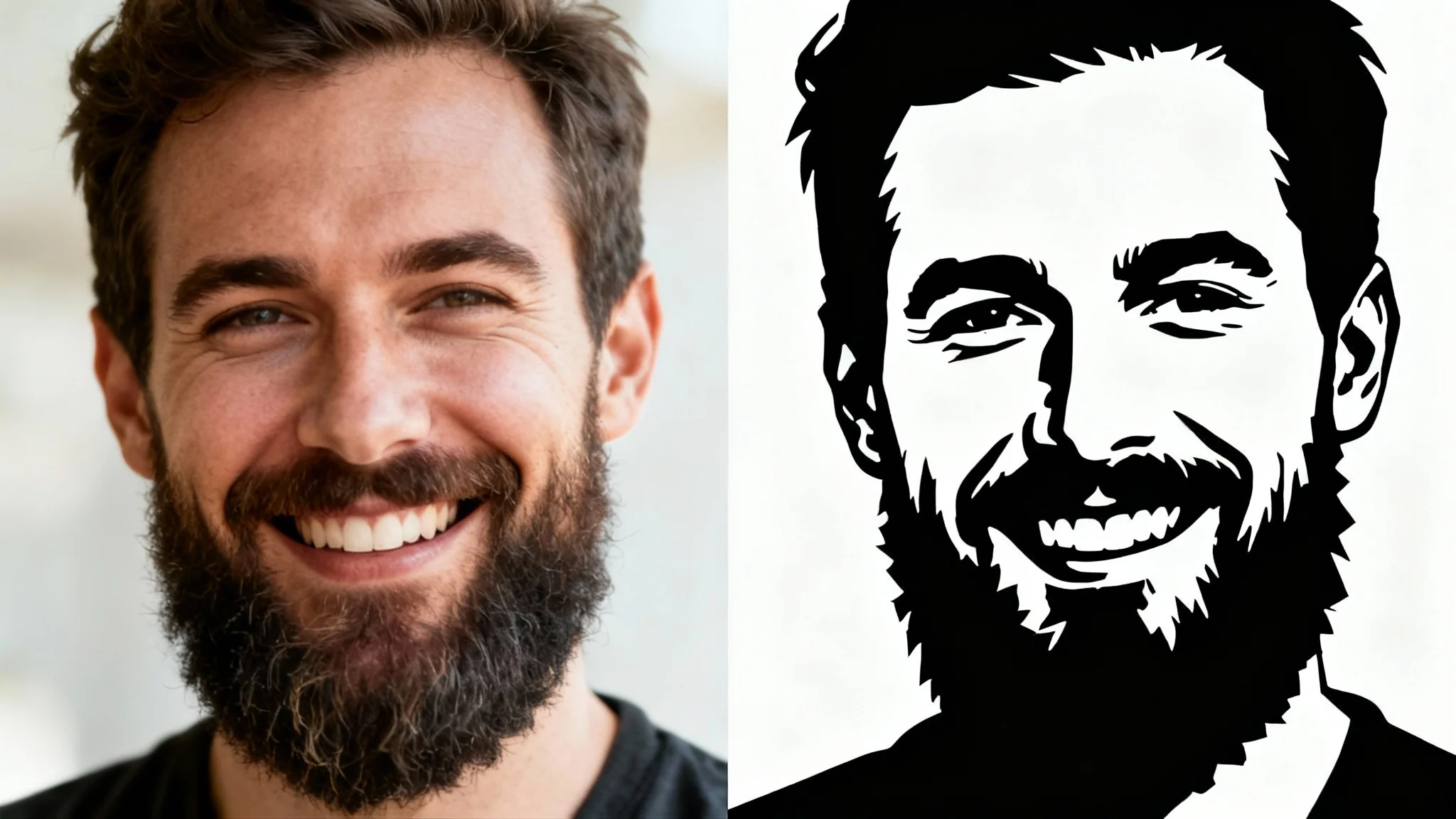 A before-and-after image demonstrating a photo-to-stencil conversion. The left half shows a color photo of a man, and the right half shows the same image as a black-and-white stencil.