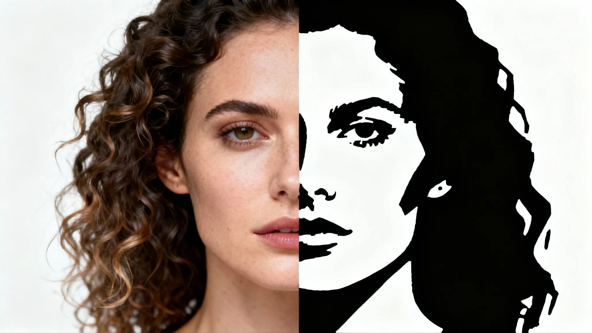 A side-by-side comparison showing a conversion from a photo to a stencil. The left side is a color photograph of a woman's face, and the right side is a black-and-white stencil of the same face, seamlessly joined together against a white background.
