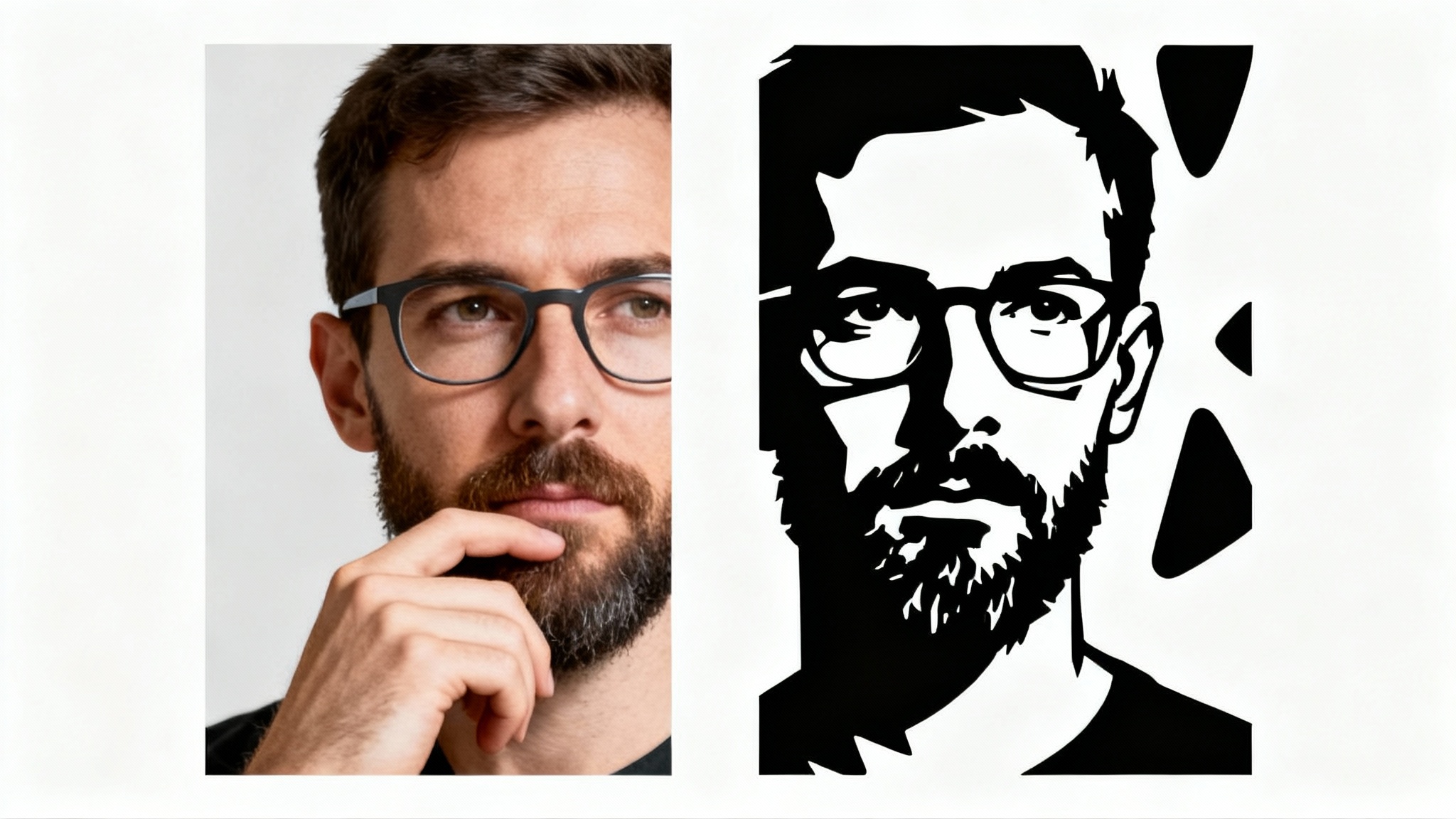 A split image demonstrating a photo-to-stencil conversion. The left side is a color photo of a man's face, and the right side is the same face rendered as a black and white stencil.