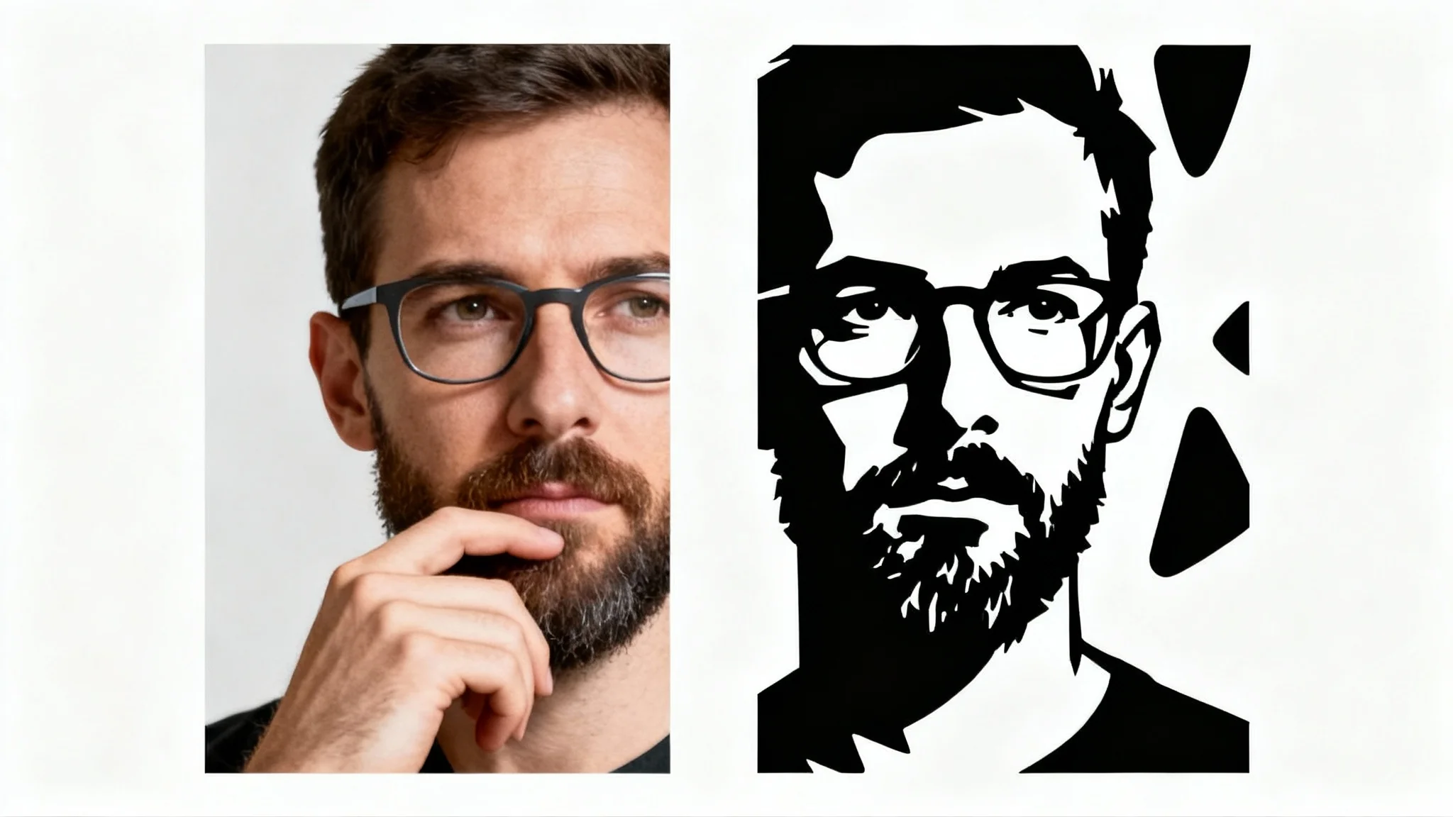 A split image demonstrating a photo-to-stencil conversion. The left side is a color photo of a man's face, and the right side is the same face rendered as a black and white stencil.