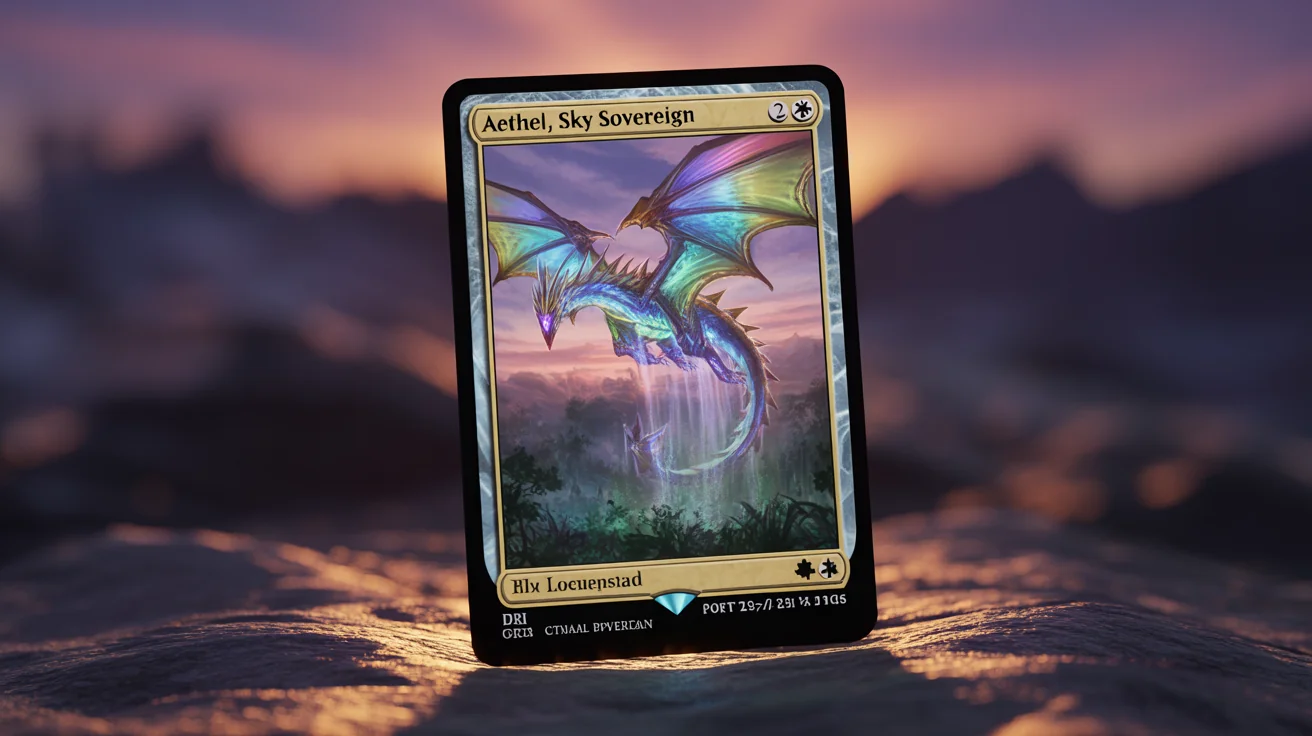 A finished, professionally designed Magic: The Gathering card for a legendary dragon creature named 'Aethel, Sky Sovereign', shown on a dark, clean background. The card art depicts a majestic blue and green dragon flying over a forest at twilight.