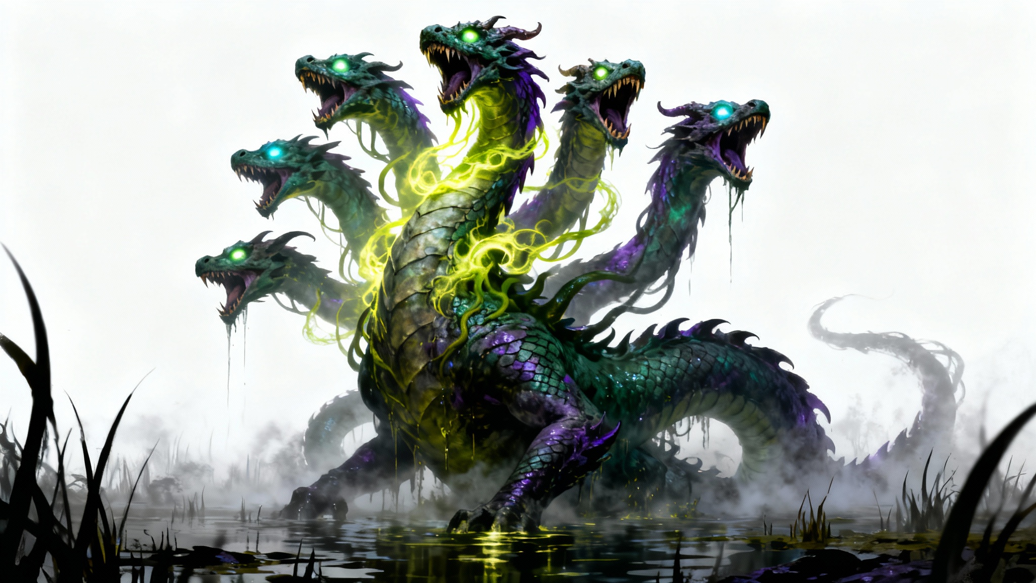 A dark fantasy digital painting of a seven-headed spectral hydra rising from a swamp, presented as a finished artwork on a plain white background, in the style of MTG card art.