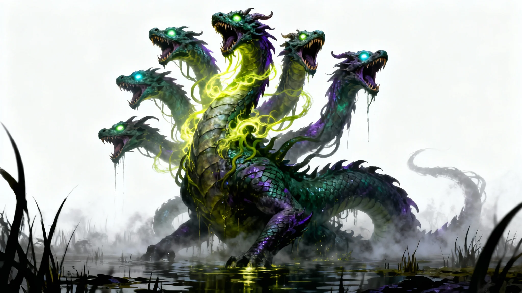 A dark fantasy digital painting of a seven-headed spectral hydra rising from a swamp, presented as a finished artwork on a plain white background, in the style of MTG card art.