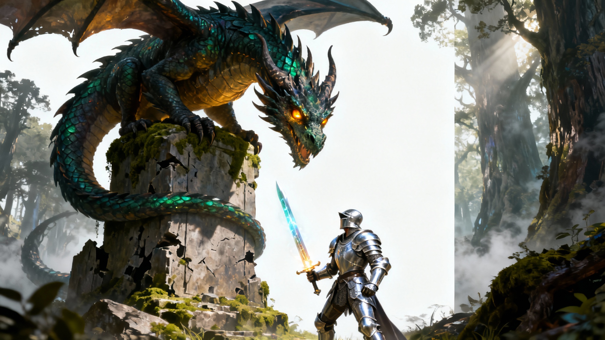 A hyper-realistic fantasy artwork in the style of a Magic: The Gathering card, showing a knight in silver armor confronting a massive emerald dragon in a misty forest, presented as a mockup on a white background.