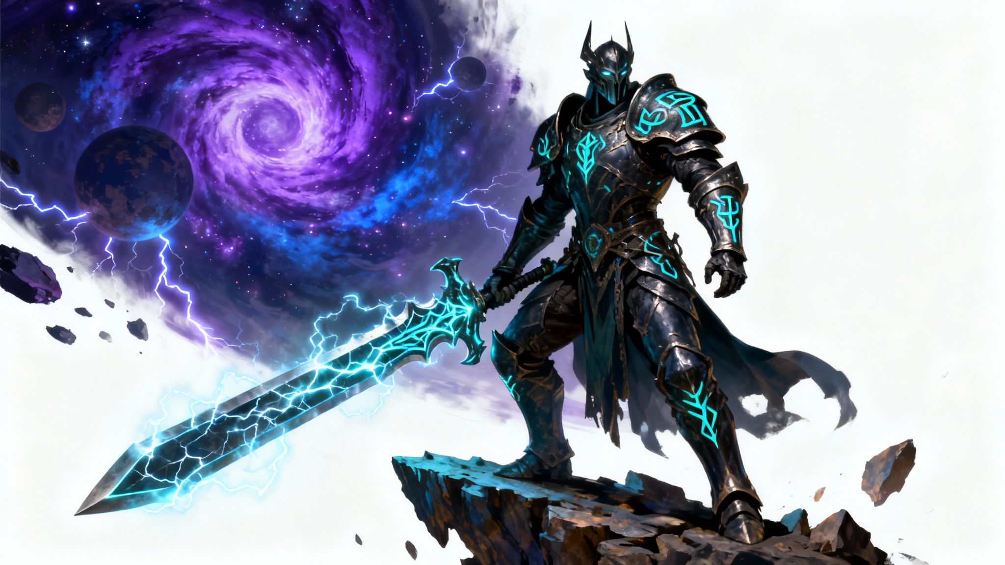 A high-fantasy digital painting depicting a warrior in glowing runic armor wielding a massive energy sword, standing on a floating rock against a cosmic vortex background, in the style of Magic: The Gathering card art.