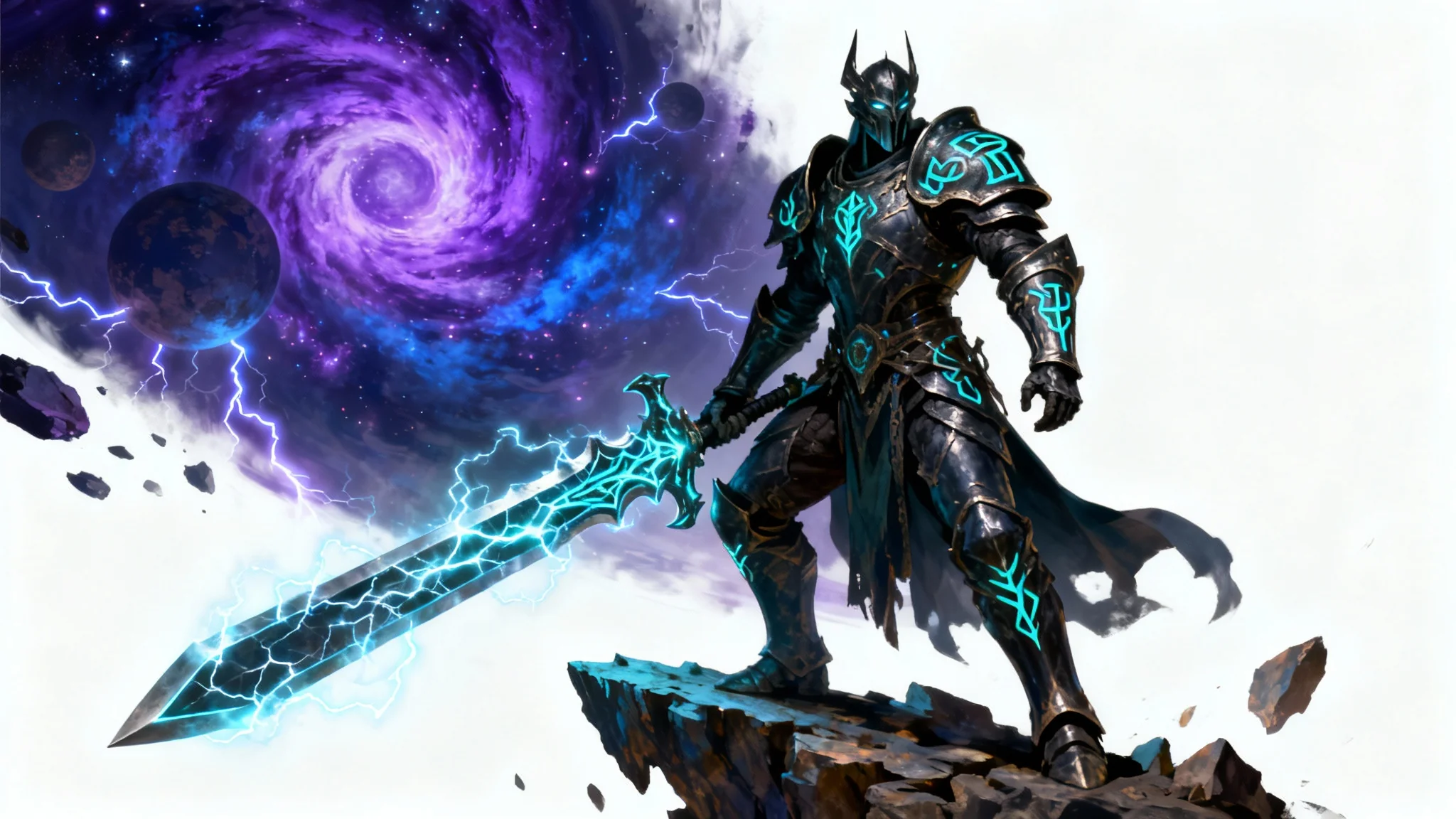 A high-fantasy digital painting depicting a warrior in glowing runic armor wielding a massive energy sword, standing on a floating rock against a cosmic vortex background, in the style of Magic: The Gathering card art.