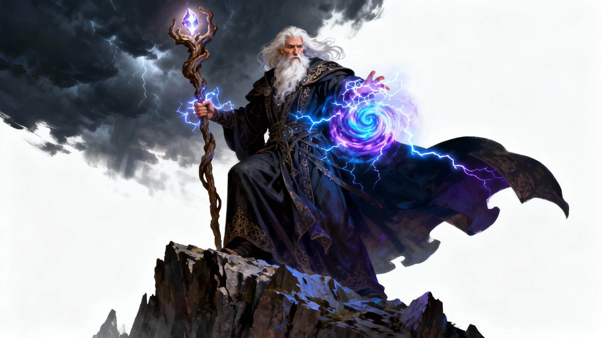 Epic fantasy artwork depicting a powerful wizard casting a lightning spell from a mountaintop, in the style of Magic: The Gathering card art.