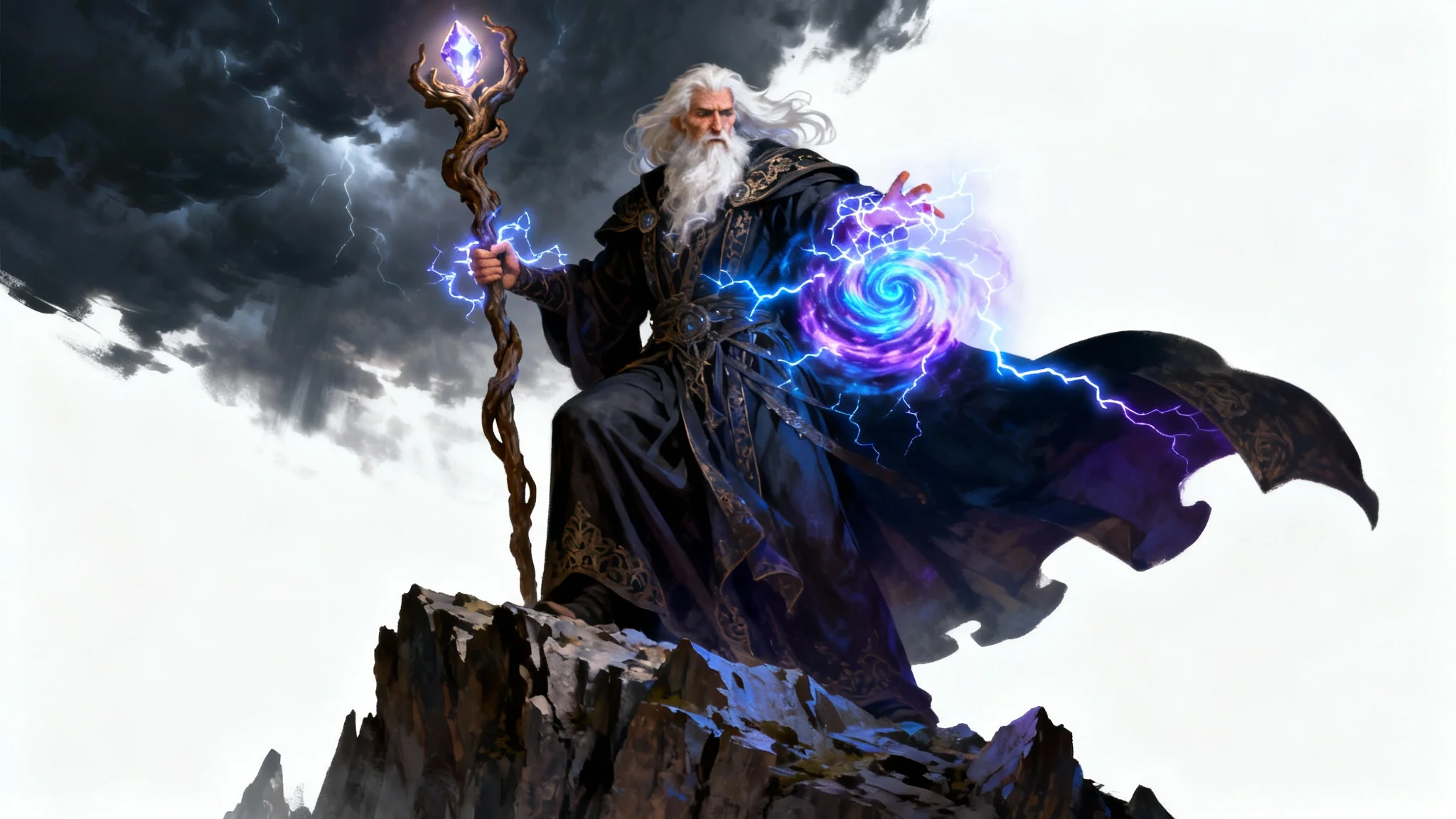 Epic fantasy artwork depicting a powerful wizard casting a lightning spell from a mountaintop, in the style of Magic: The Gathering card art.
