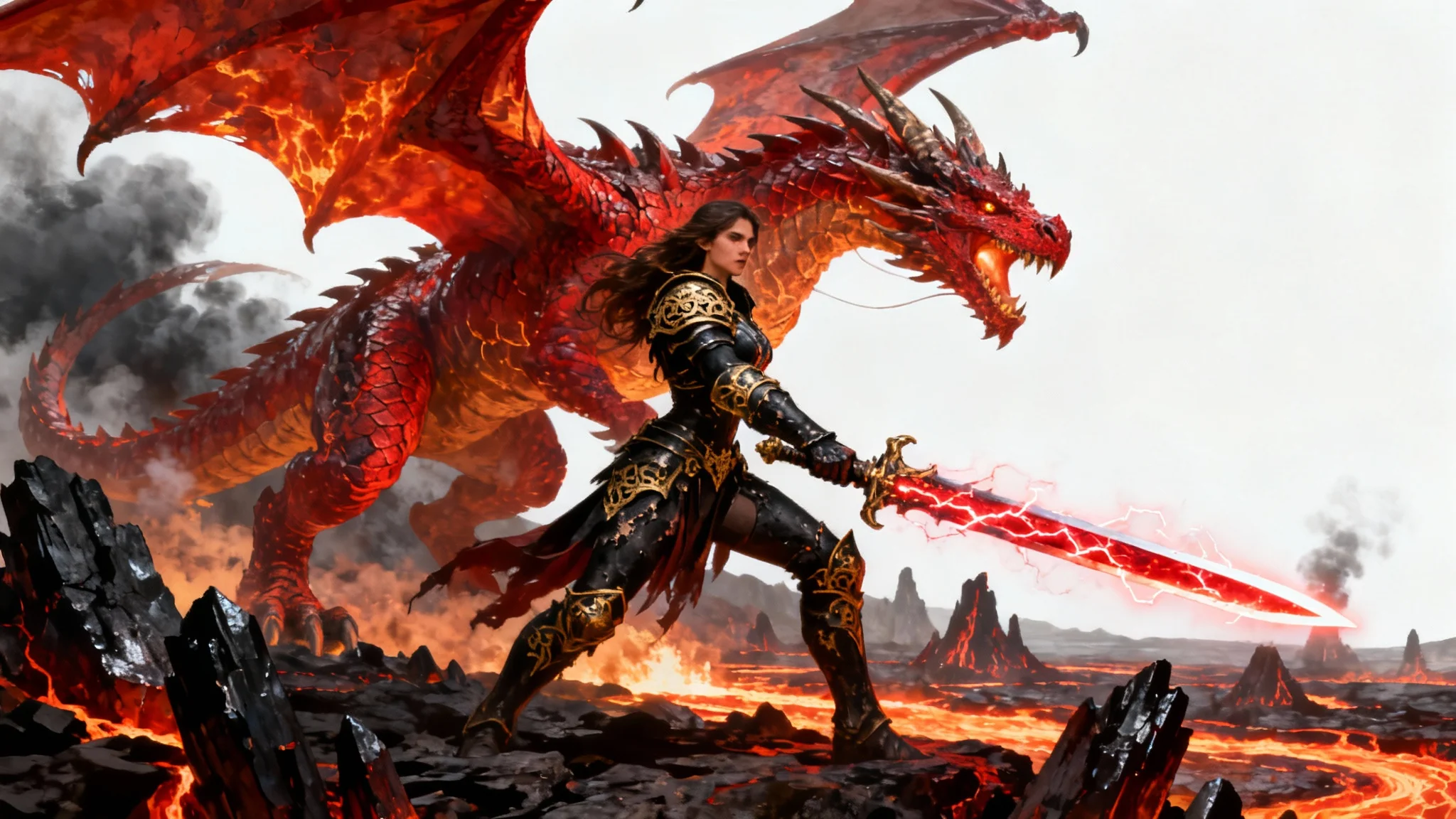 A hyper-detailed fantasy art piece in the style of Magic: The Gathering, showing a female dragon knight in black and gold armor holding a glowing sword, with a massive red dragon roaring behind her in a volcanic landscape, all on a clean white background.