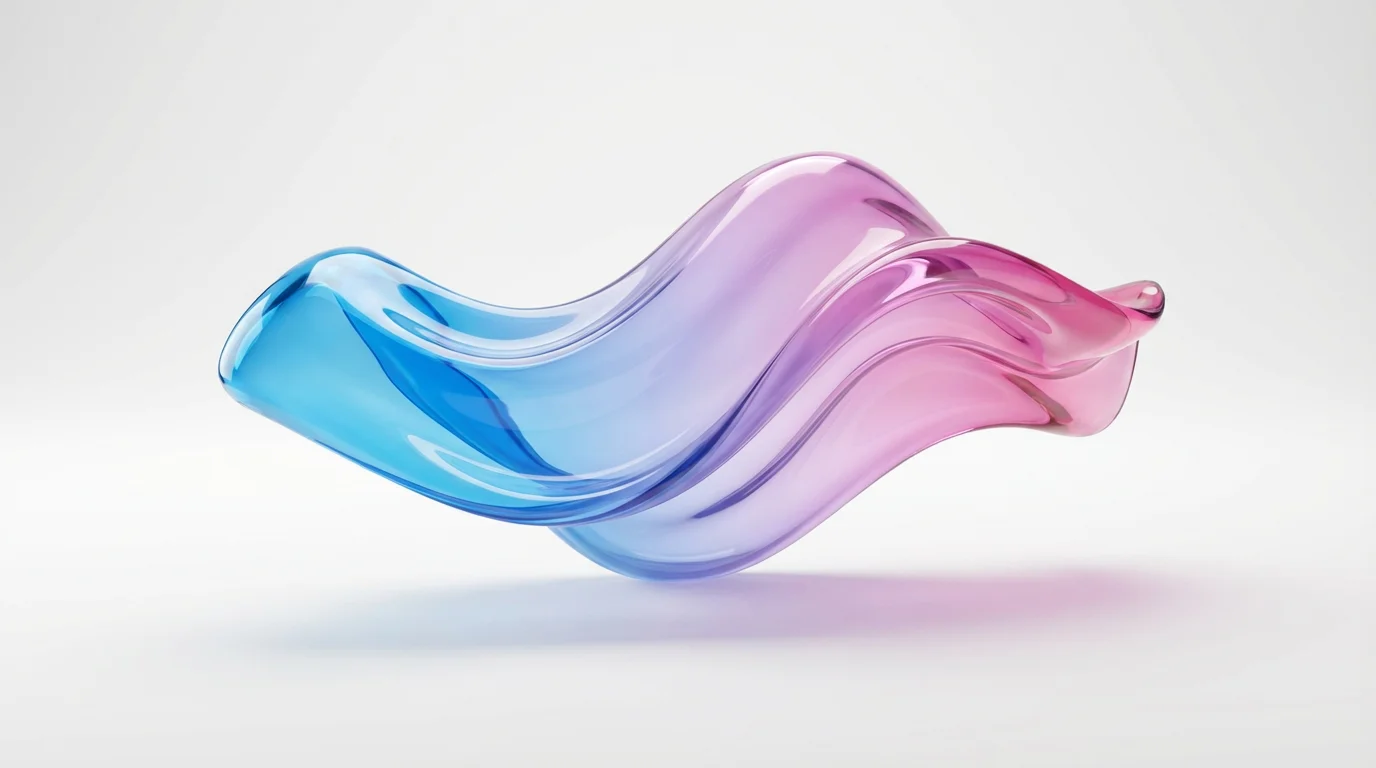 A photorealistic 3D render of an abstract glass sculpture with a vibrant color gradient transitioning from blue to purple to pink, isolated on a clean white background.