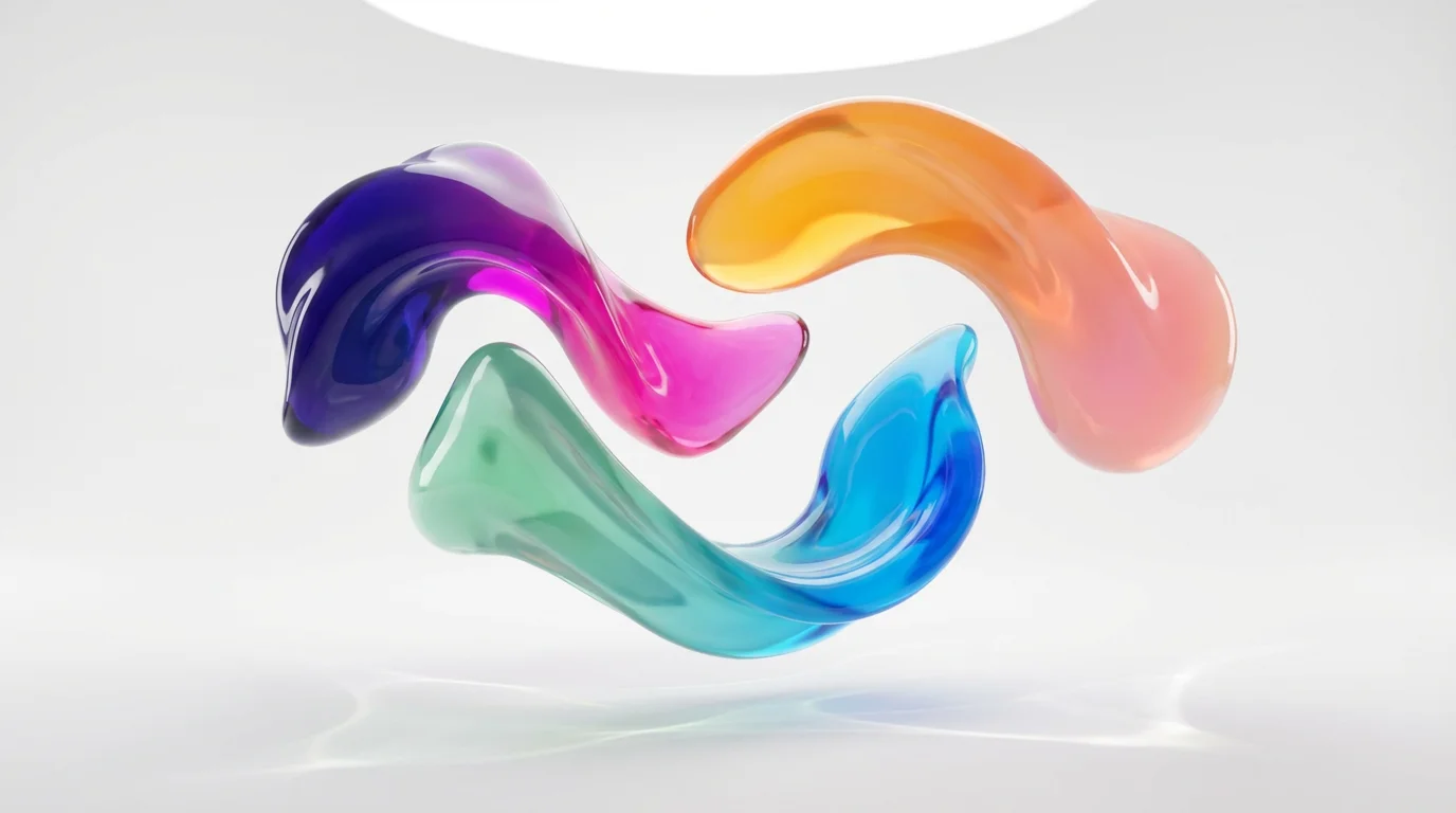 An abstract digital art piece showing several fluid, glossy shapes with vibrant color gradients, such as indigo to fuchsia and orange to pink, floating against a stark white background.