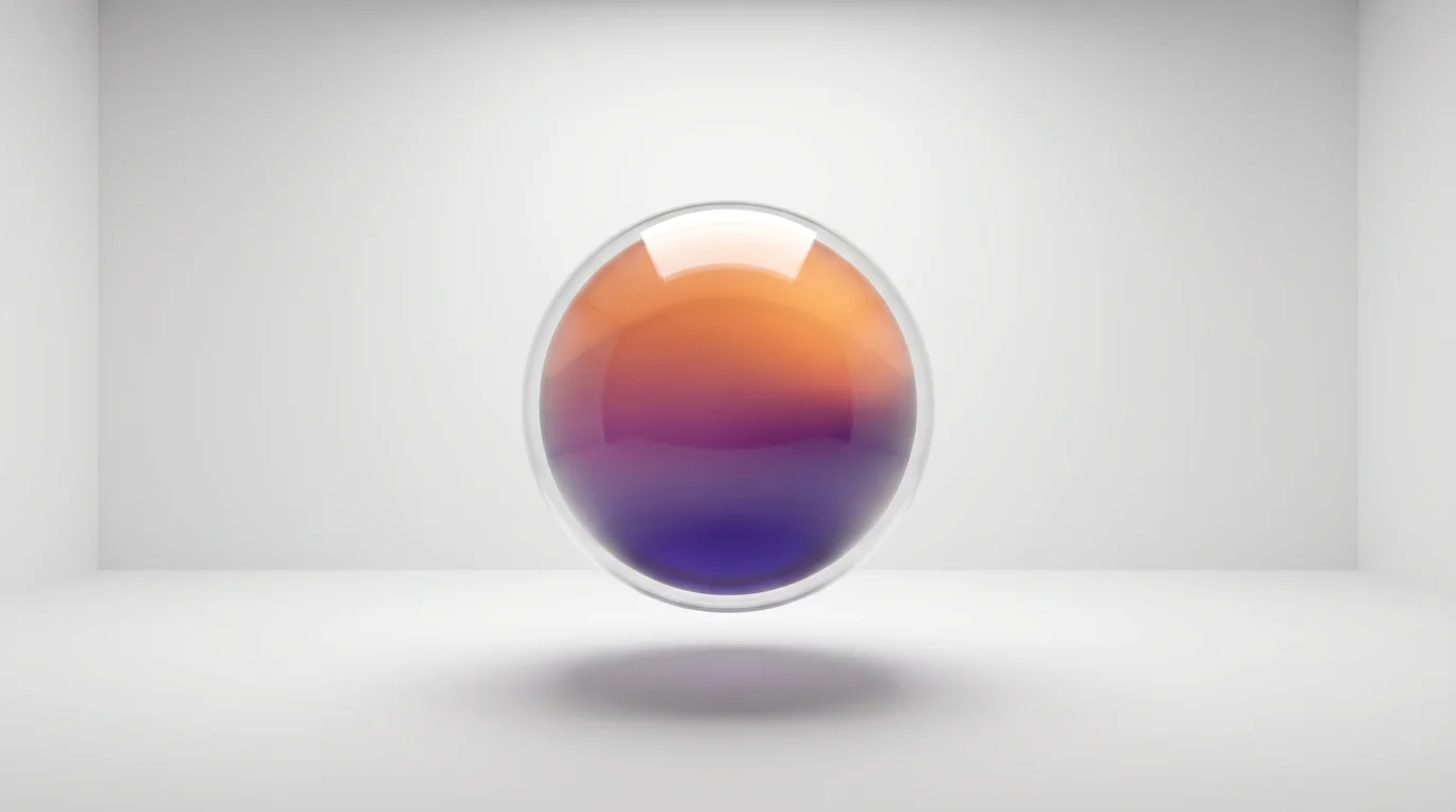 A hyper-realistic 3D render of a glass sphere floating against a white background, filled with a smooth liquid gradient transitioning from orange to purple.