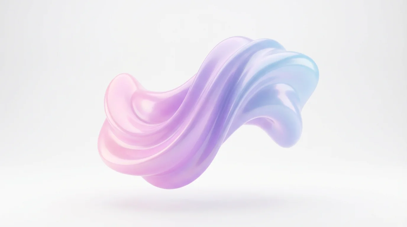 A photorealistic 3D abstract shape with a glossy surface, displaying a smooth color gradient from pastel pink to lavender to light blue, floating against a clean white background.
