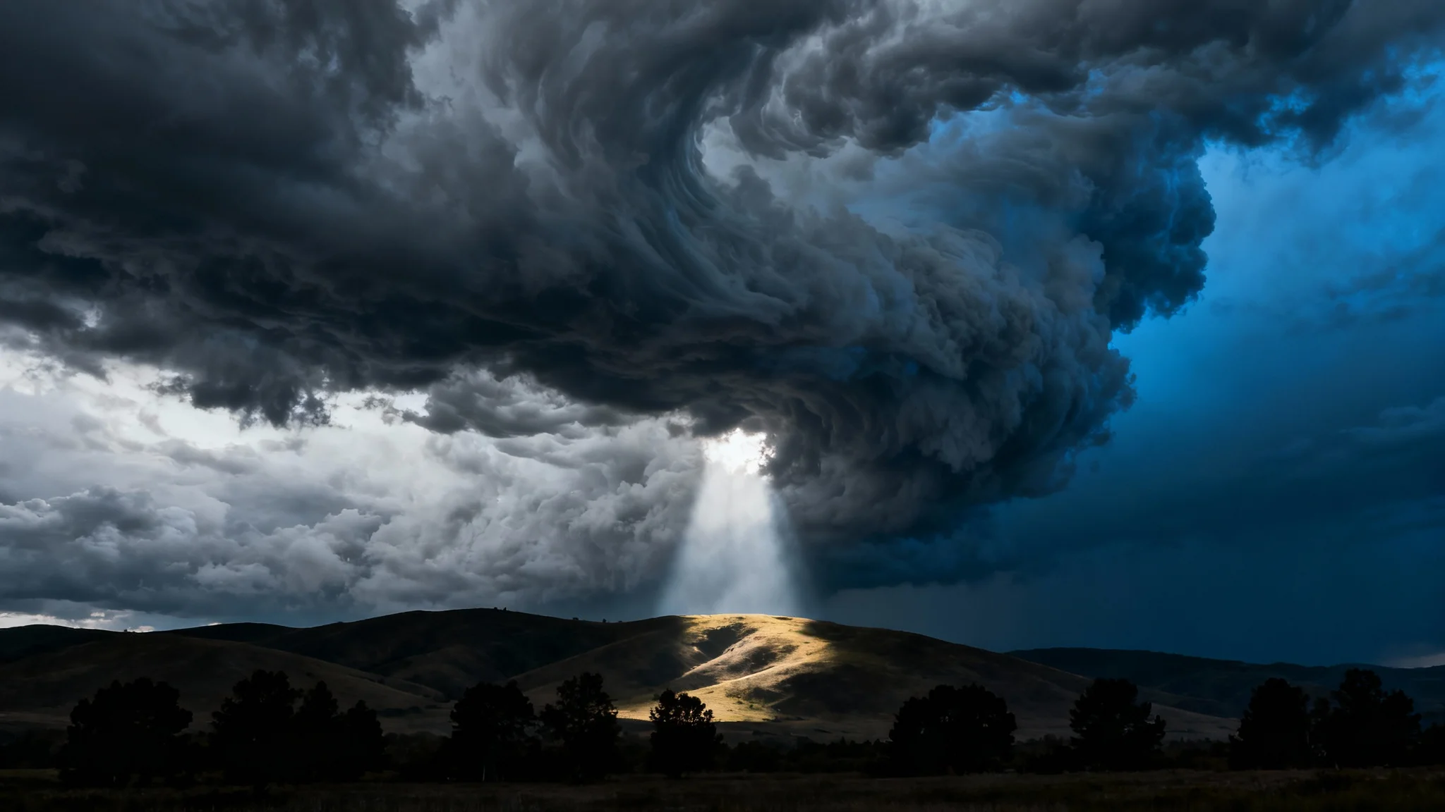 A dramatic 16:9 hero image of a landscape under a dark, stormy sky, representing the final result of a background generator. Thick, swirling gray clouds fill the sky, with a single beam of light breaking through to highlight the rolling hills below.