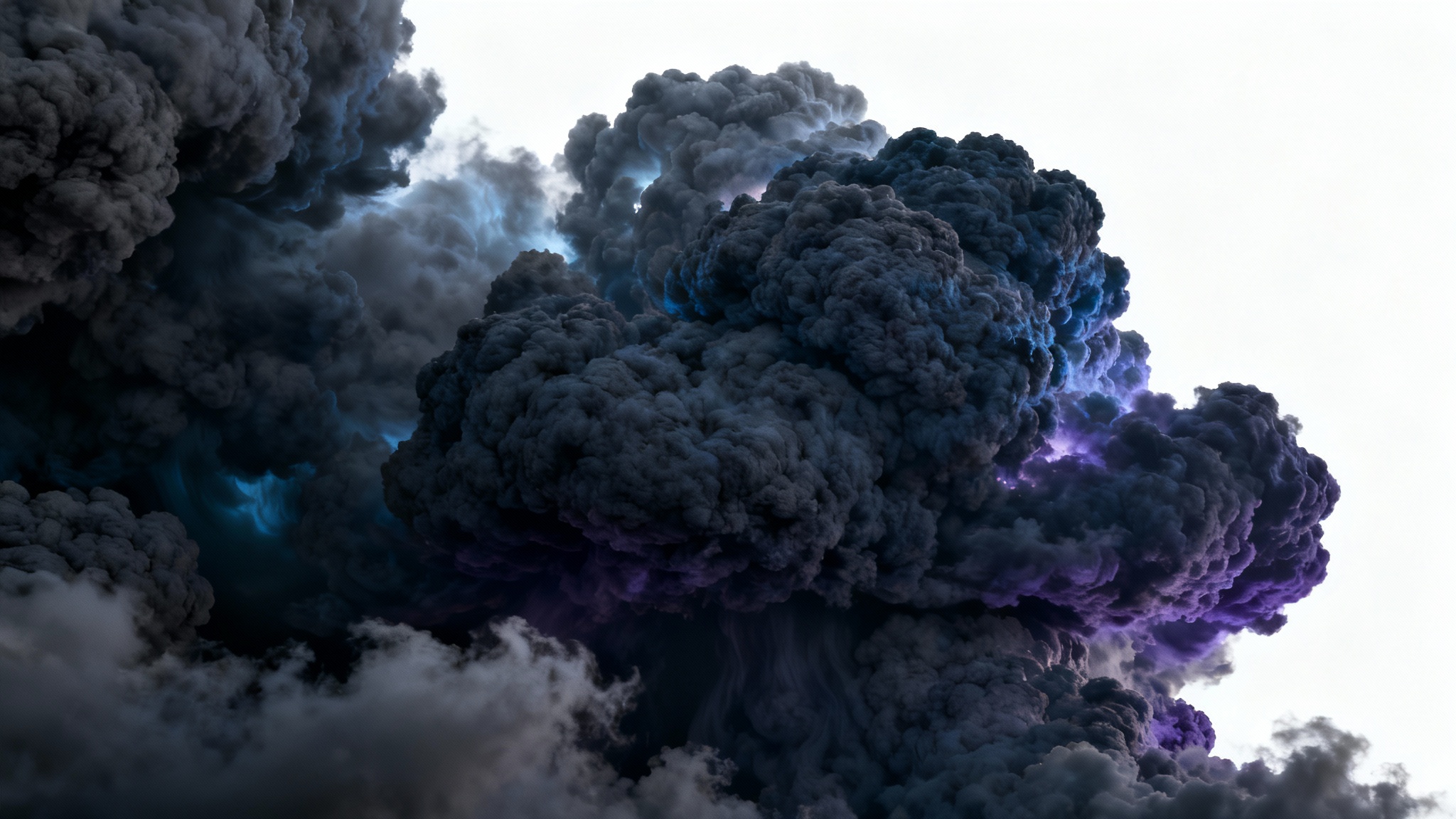 A dramatic, photorealistic image of a sky filled with dark, textured storm clouds in shades of grey and blue, conveying a moody and epic atmosphere for a background.