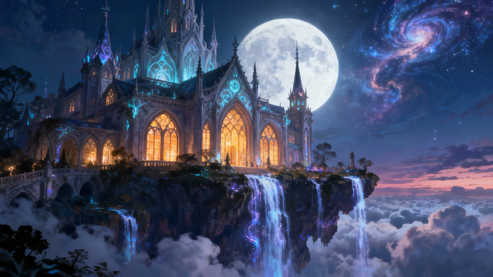 An epic digital painting of a massive fantasy mansion on a floating island at twilight. The mansion glows with warm light, and waterfalls pour from the island's edge into the clouds below, set against a magical night sky.
