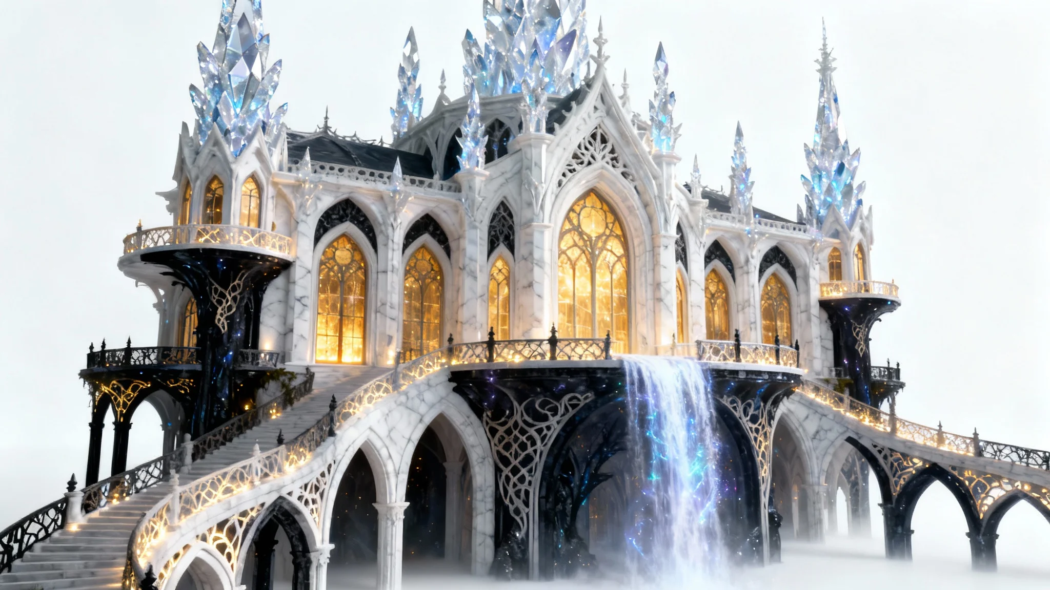 A hyper-realistic concept mockup of a majestic fantasy mansion with glowing windows and crystalline spires, set against a stark white background.