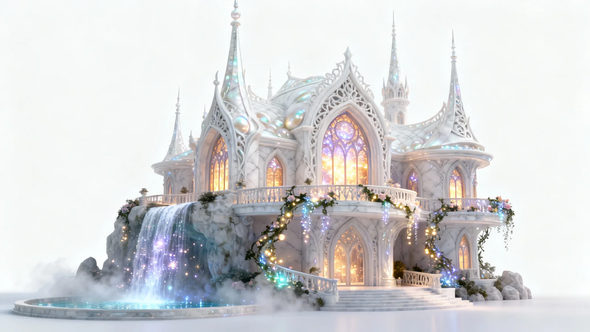 A photorealistic image of a majestic and ethereal fantasy mansion with glowing windows and a magical waterfall, presented as a mockup on a clean white background.