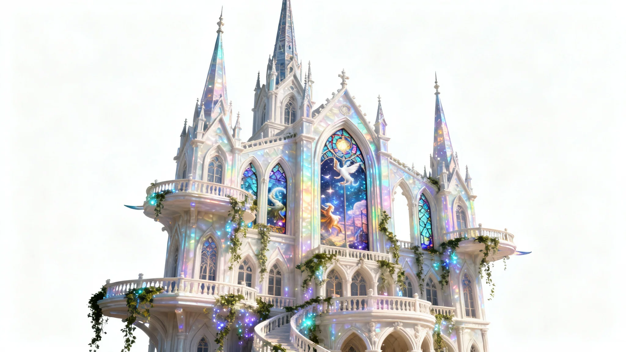 A stunning, hyper-detailed fantasy mansion with glowing vines and pearlescent walls, presented as a high-end product shot on a clean white background.