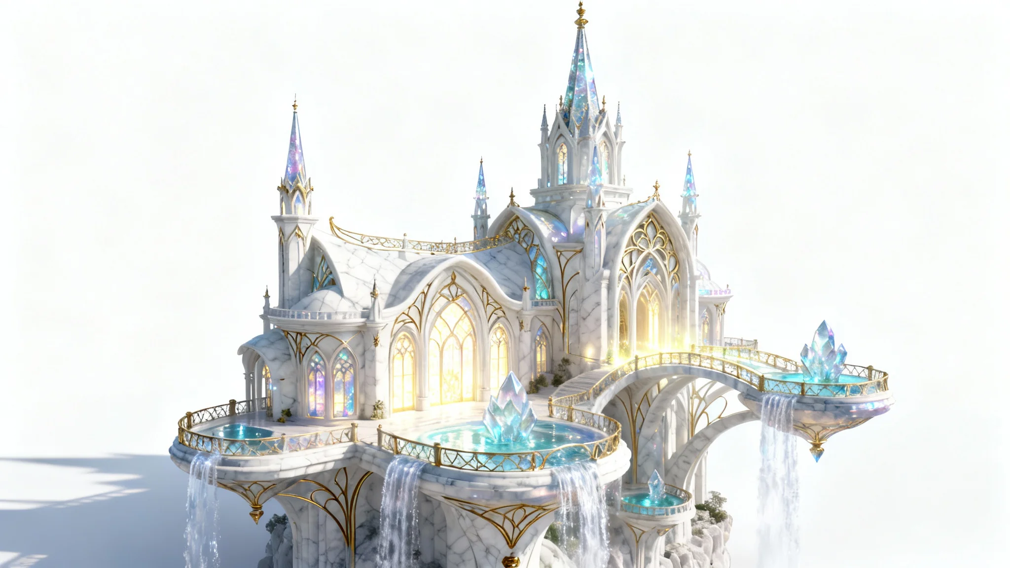 A hyper-realistic digital illustration of a grand fantasy mansion with glowing spires and cascading waterfalls, isolated against a clean white background.