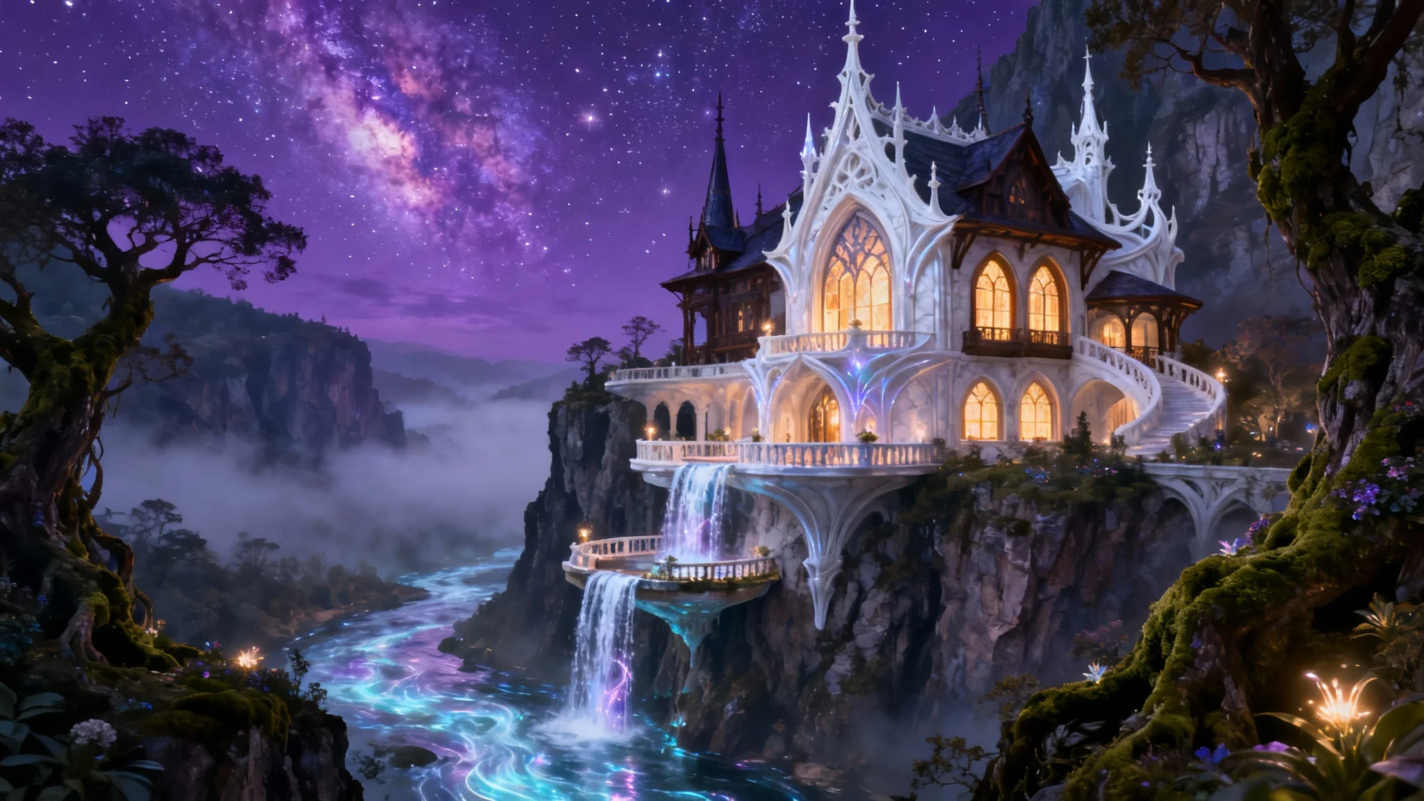 A majestic fantasy mansion with glowing windows and cascading waterfalls, perched on a cliff overlooking a misty valley under a starry, purple twilight sky.