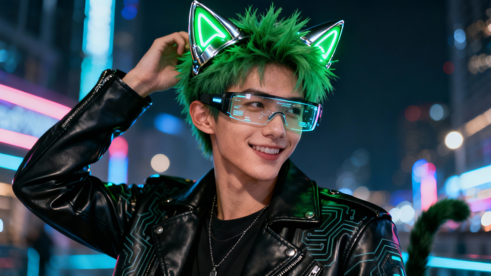 A photorealistic hero image showing a young man with green hair modeling a final pair of glowing cyberpunk cat ears in a neon-lit city.