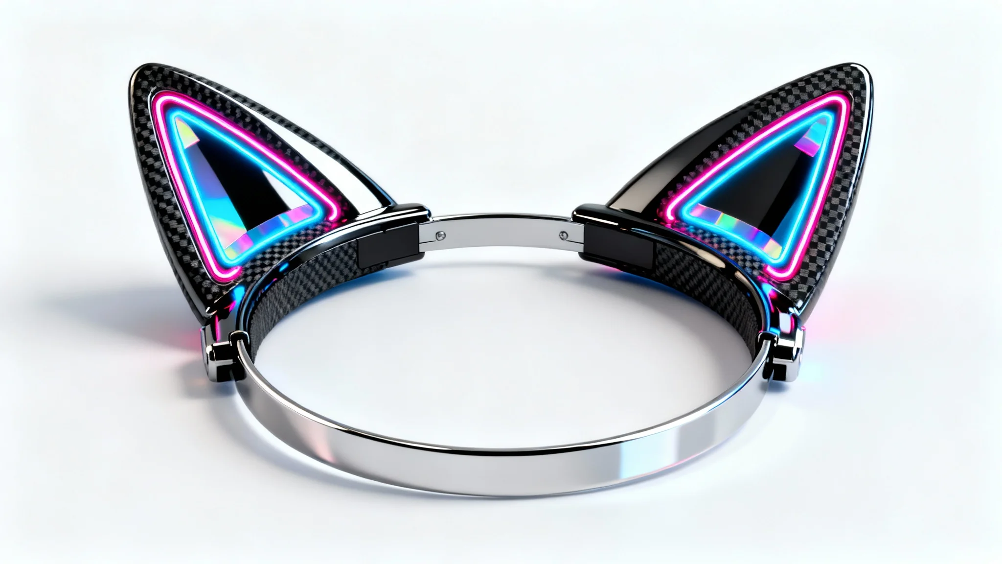 A product mockup of a pair of high-tech cyberpunk cat ears with glowing blue and pink neon lights, displayed on a plain white background.