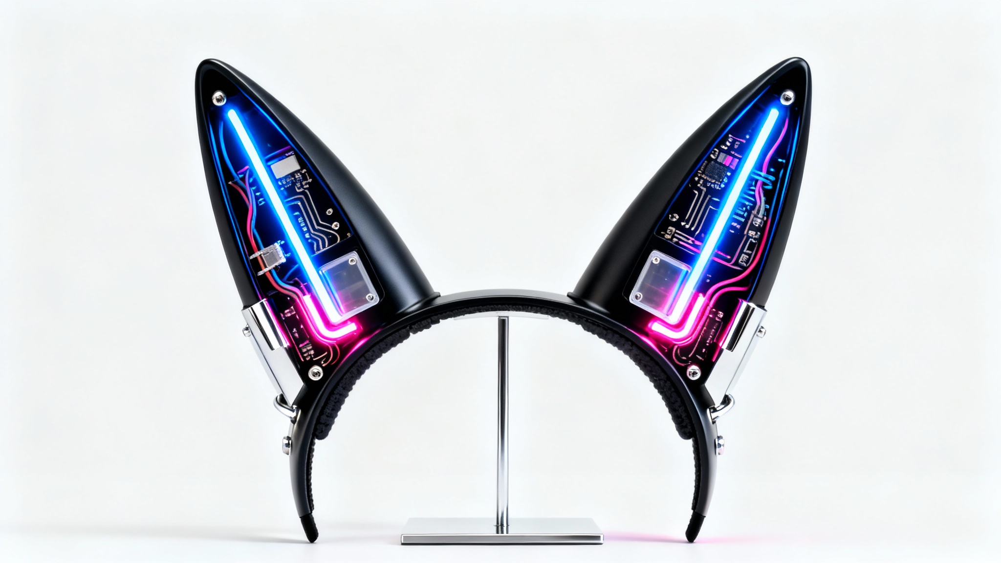 A sleek pair of high-tech cyberpunk cat ears with glowing blue and pink neon lights, shown in a professional product shot against a plain white background.