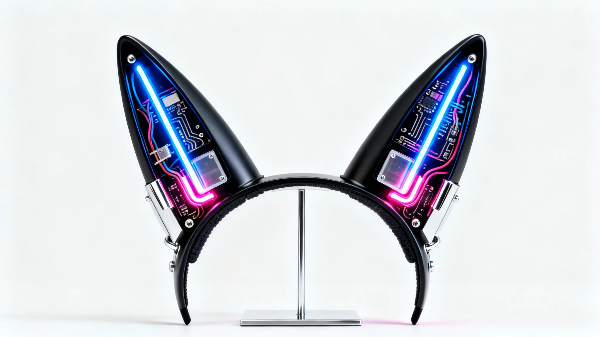A sleek pair of high-tech cyberpunk cat ears with glowing blue and pink neon lights, shown in a professional product shot against a plain white background.