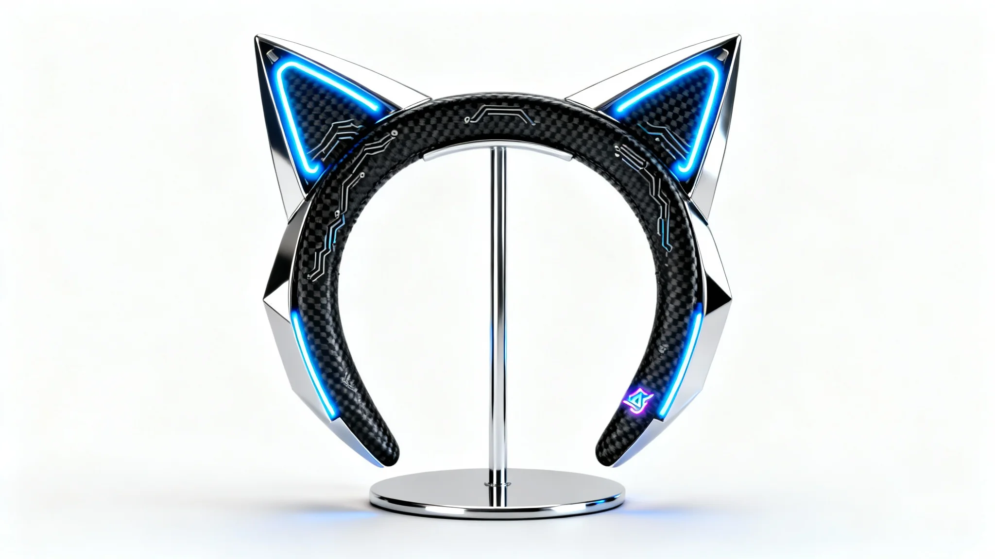 A pair of sleek, black and chrome cyberpunk cat ears with glowing blue LED lights, presented on a minimalist stand against a white background.