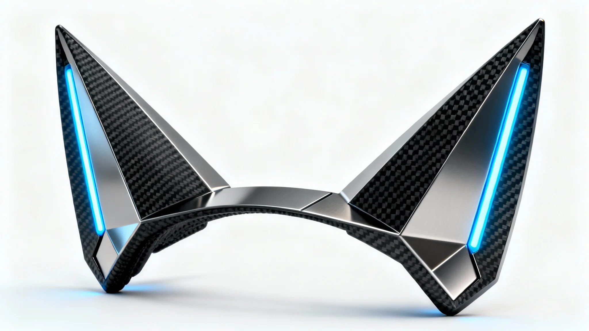 A photorealistic product mockup of sleek cyberpunk cat ears made from black carbon fiber and titanium, featuring glowing blue LED light strips, set against a plain white background.