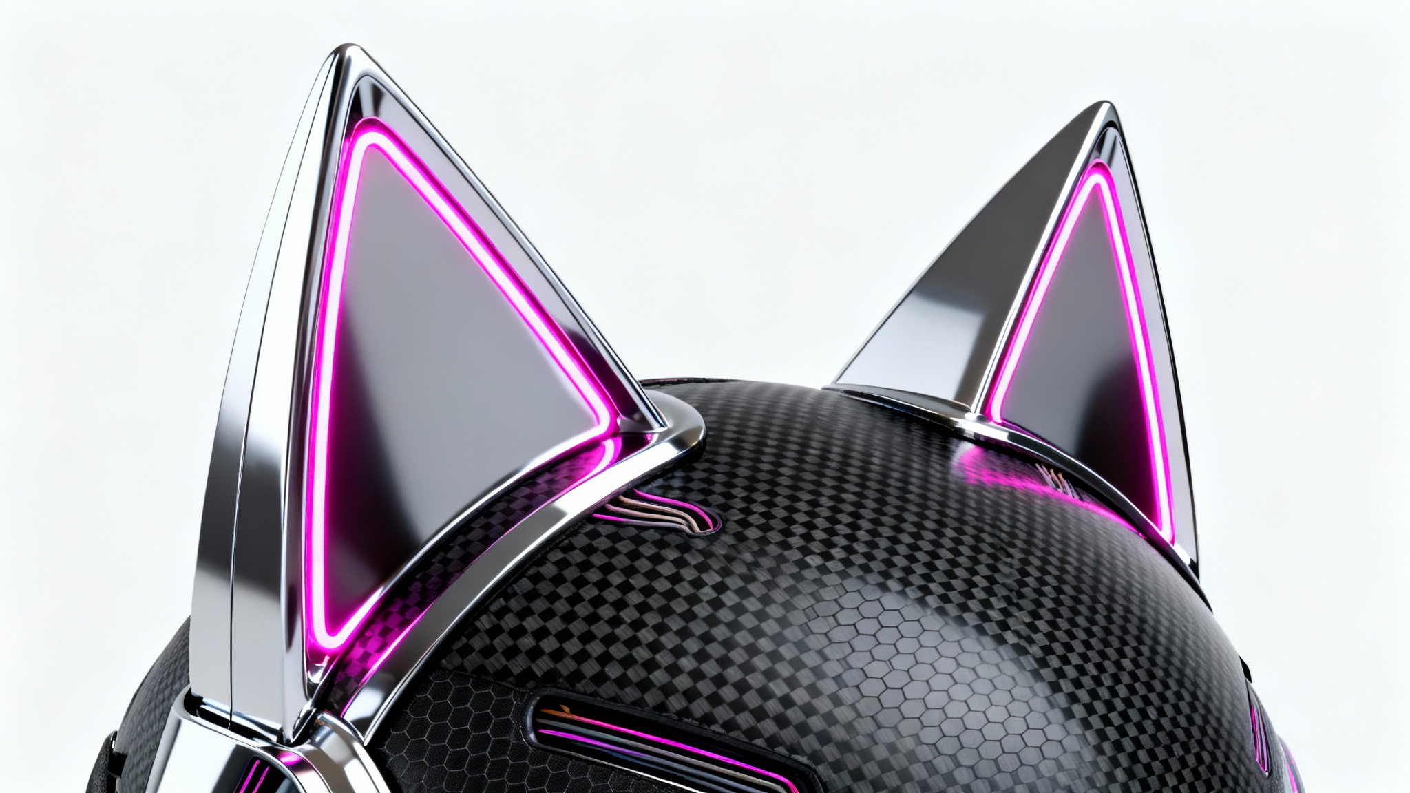 A photorealistic mockup of a pair of sleek, black and chrome cyberpunk cat ears with glowing magenta LED lights, presented against a stark white background.